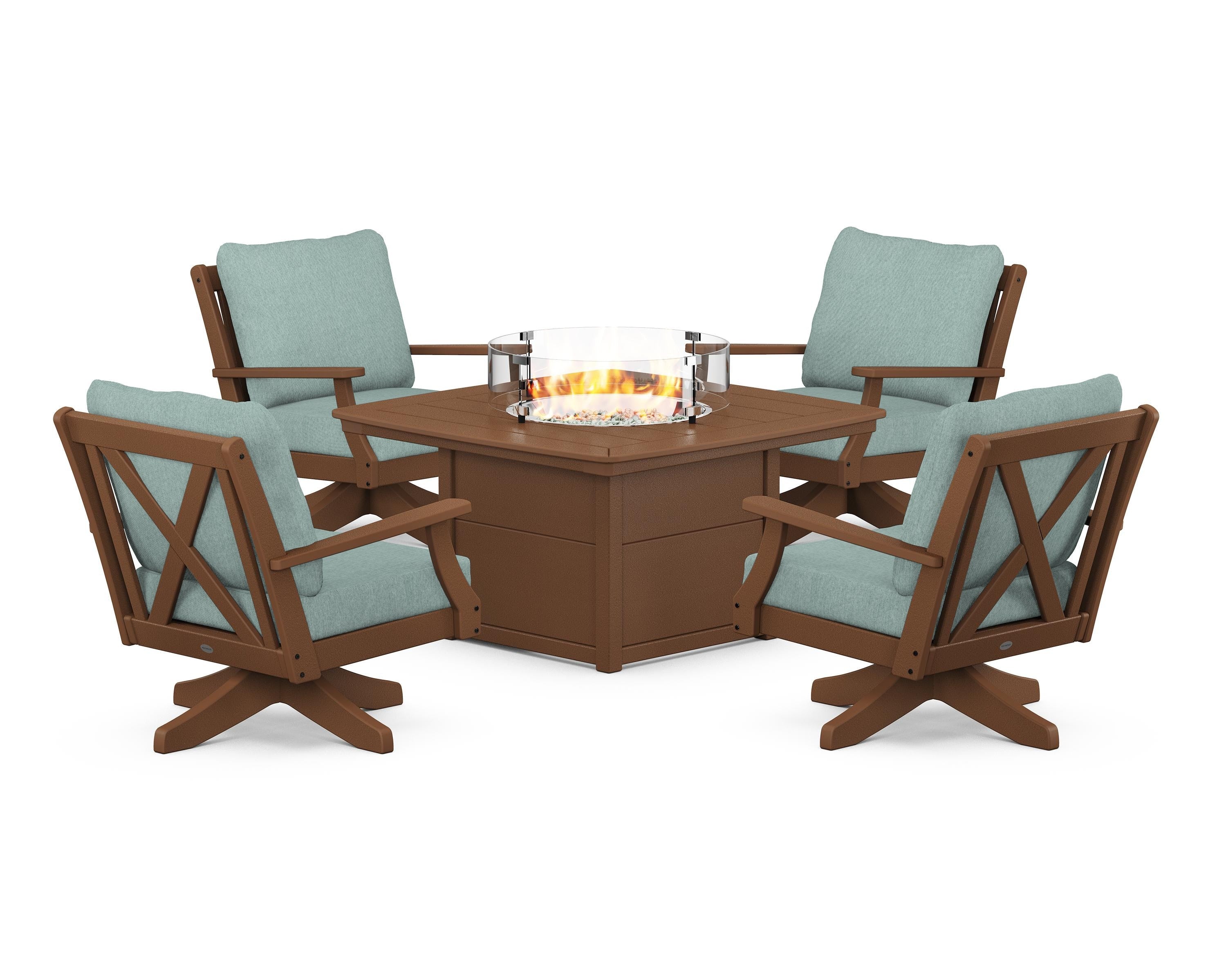 POLYWOOD Braxton 5-Piece Deep Seating Swivel Conversation Set with Fire Pit Table in Teak / Glacier Spa