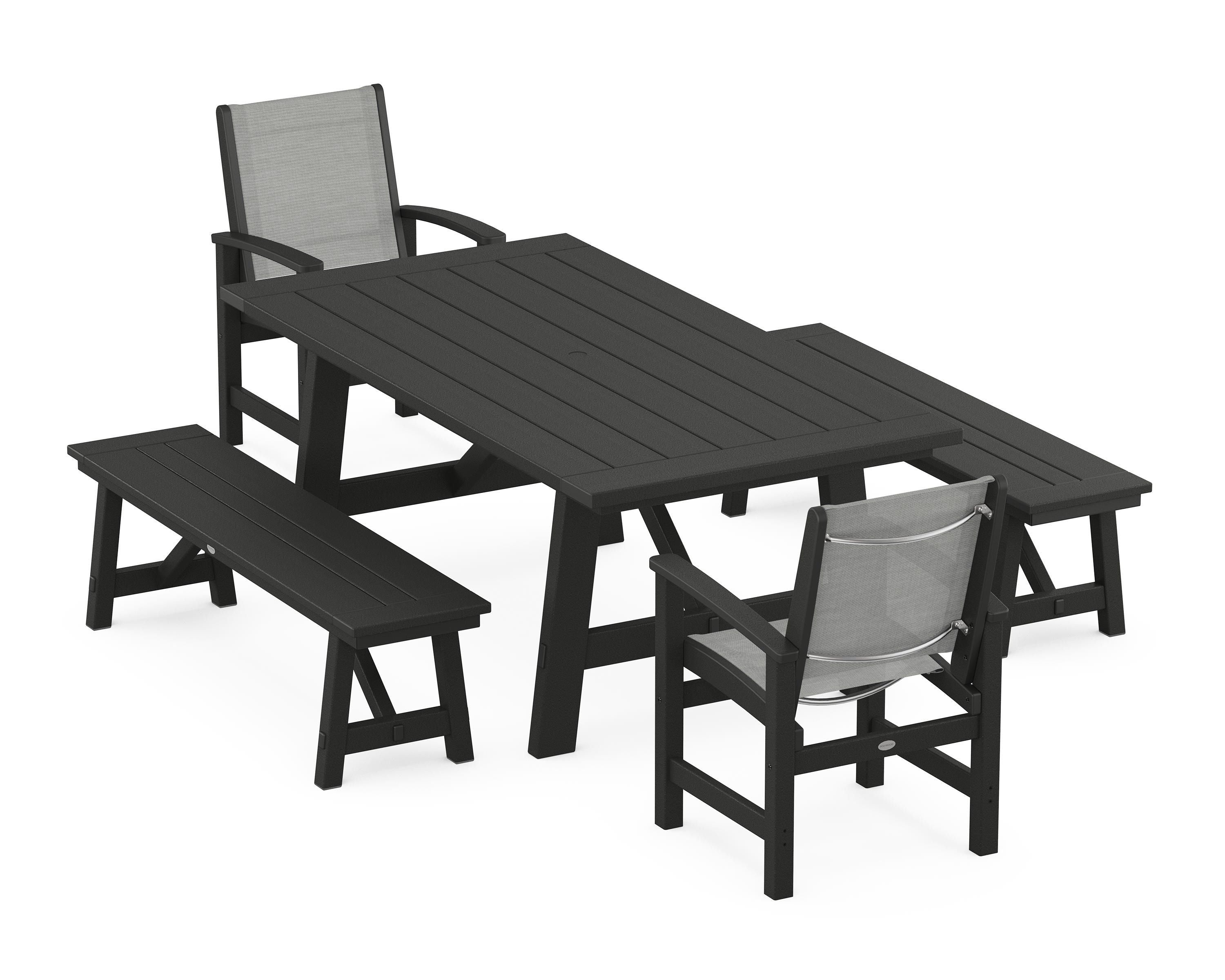 POLYWOOD Coastal 5-Piece Rustic Farmhouse Dining Set With Benches in Black / Metallic Sling