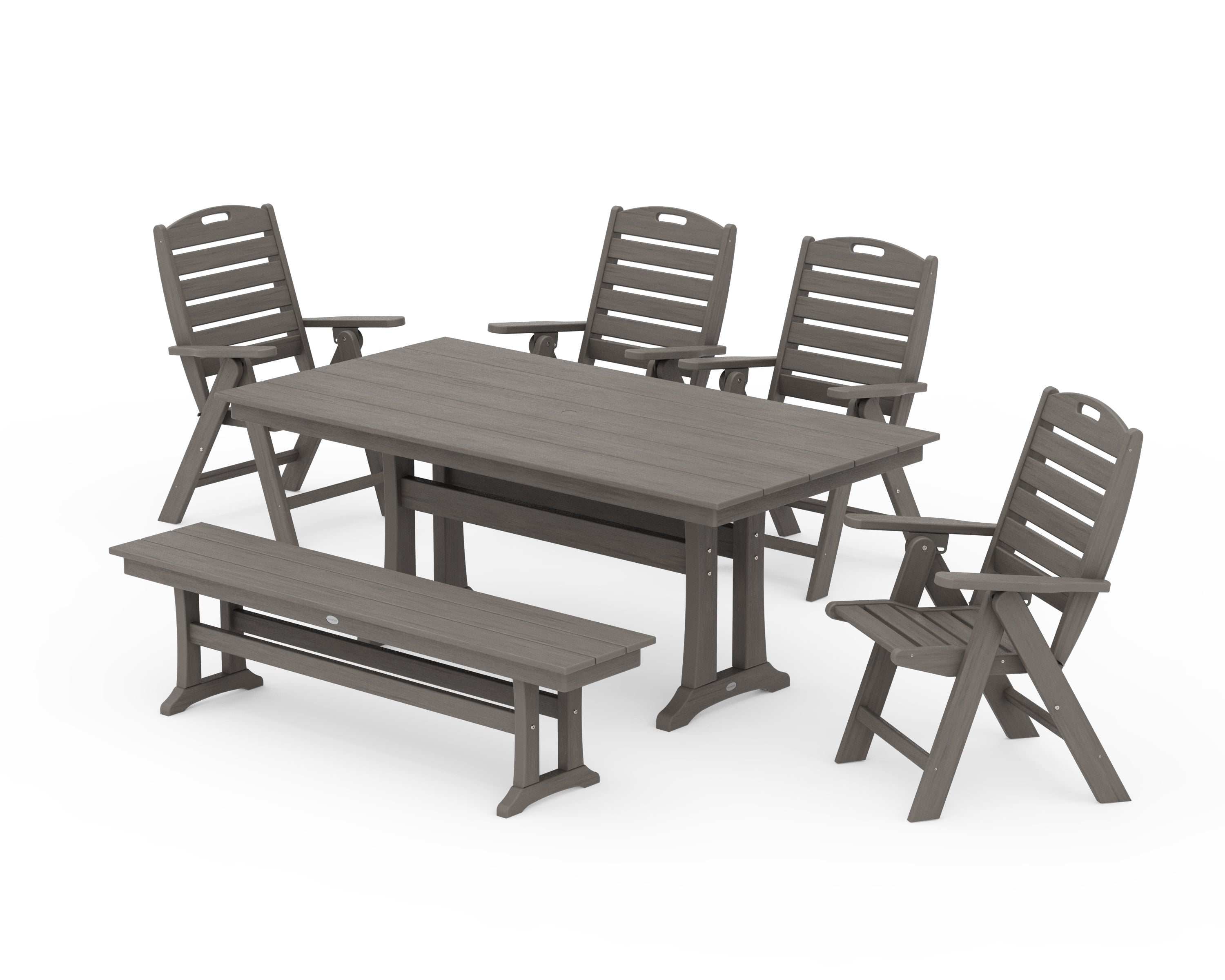 POLYWOOD Nautical Highback 6-Piece Farmhouse Dining Set with Trestle Legs and Bench in Driftwood