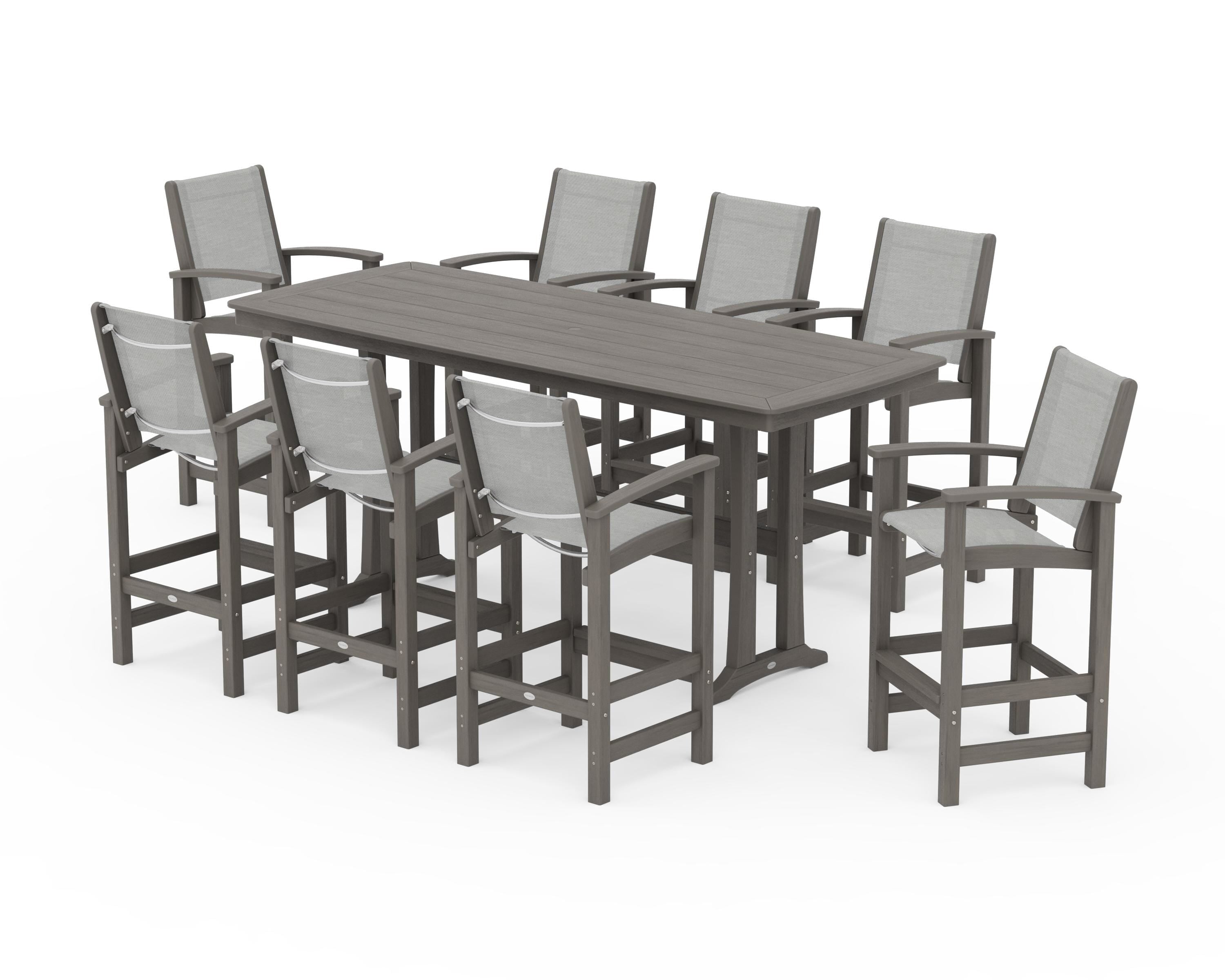 POLYWOOD Coastal 9-Piece Bar Set with Trestle Legs in Driftwood / Metallic Sling