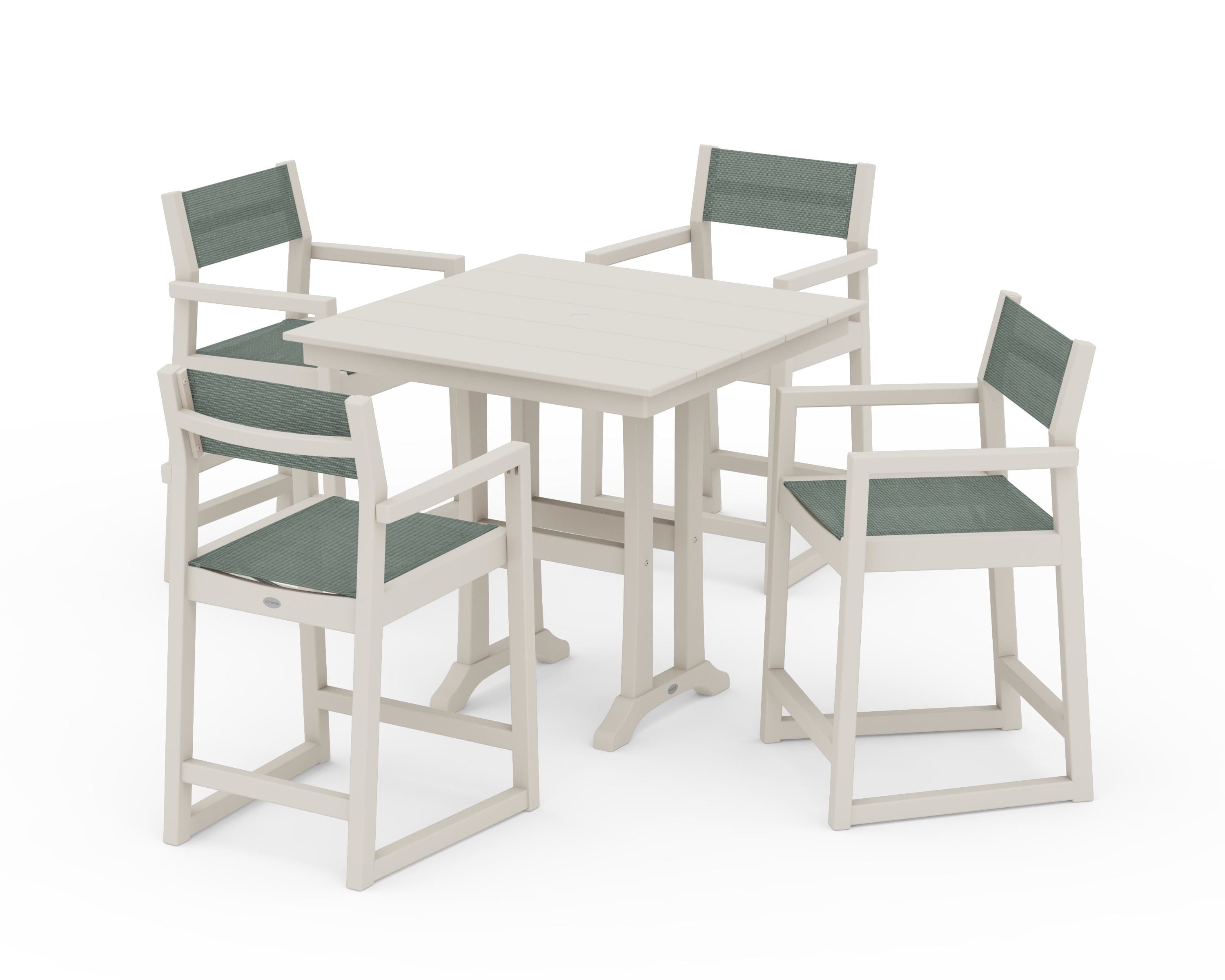 POLYWOOD EDGE Sling Arm Chair 5-Piece Farmhouse Counter Set with Trestle Legs in Sand / Dupioni Sea Mist Sling