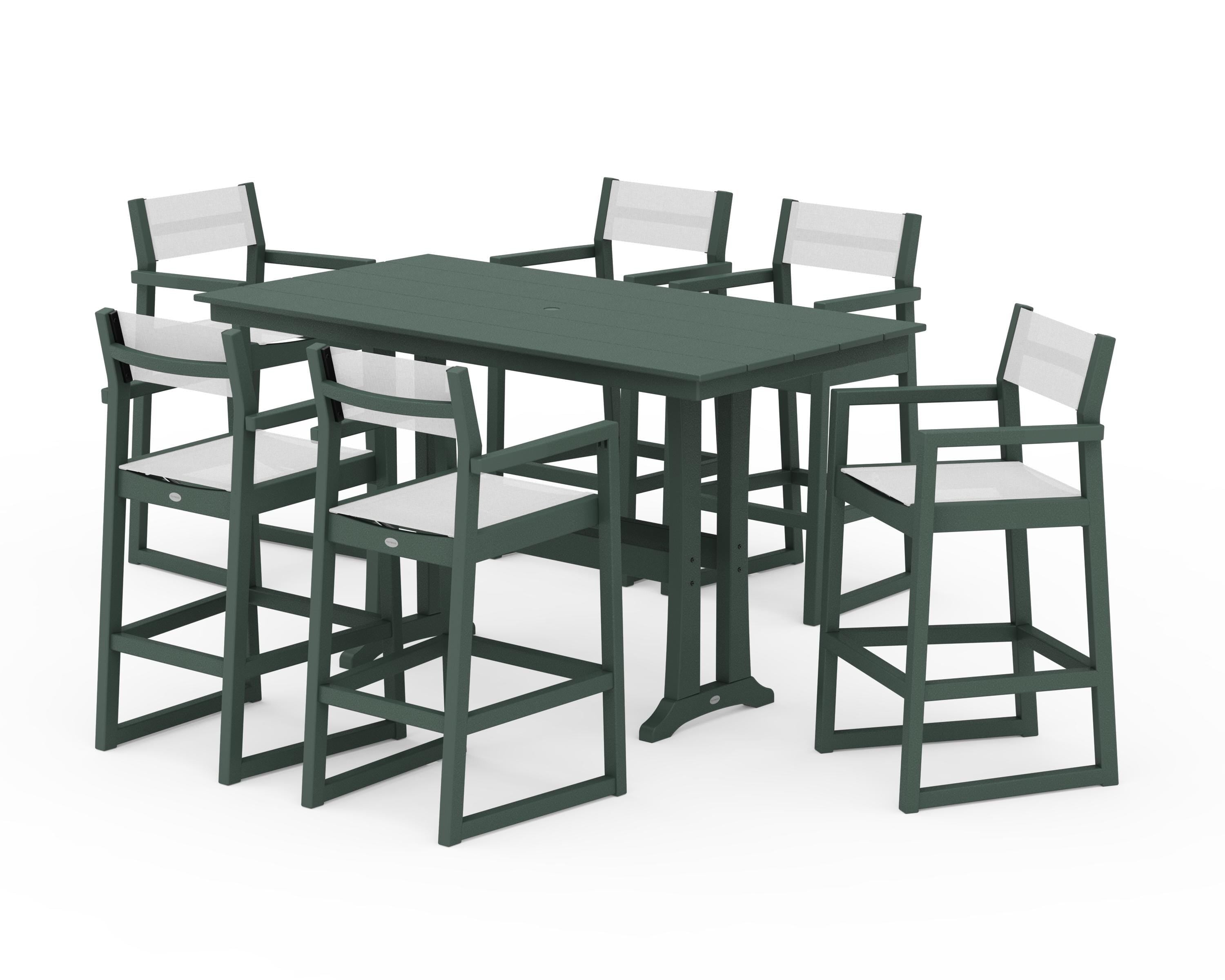 POLYWOOD EDGE Sling Arm Chair 7-Piece Farmhouse Bar Set with Trestle Legs in Green / White Sling