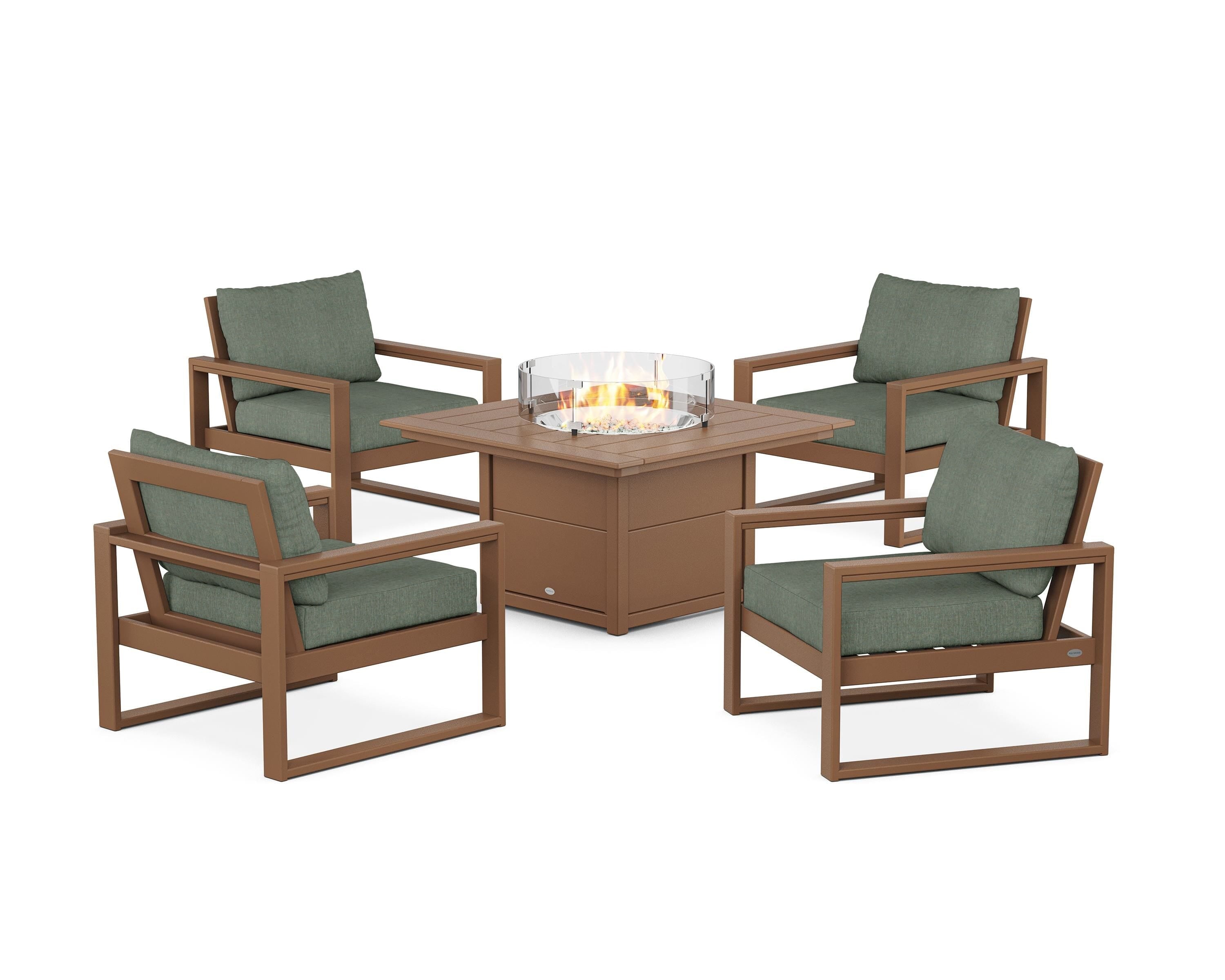 POLYWOOD EDGE Sectional 5-Piece Deep Seating Set with Fire Pit Table in Teak / Cast Sage