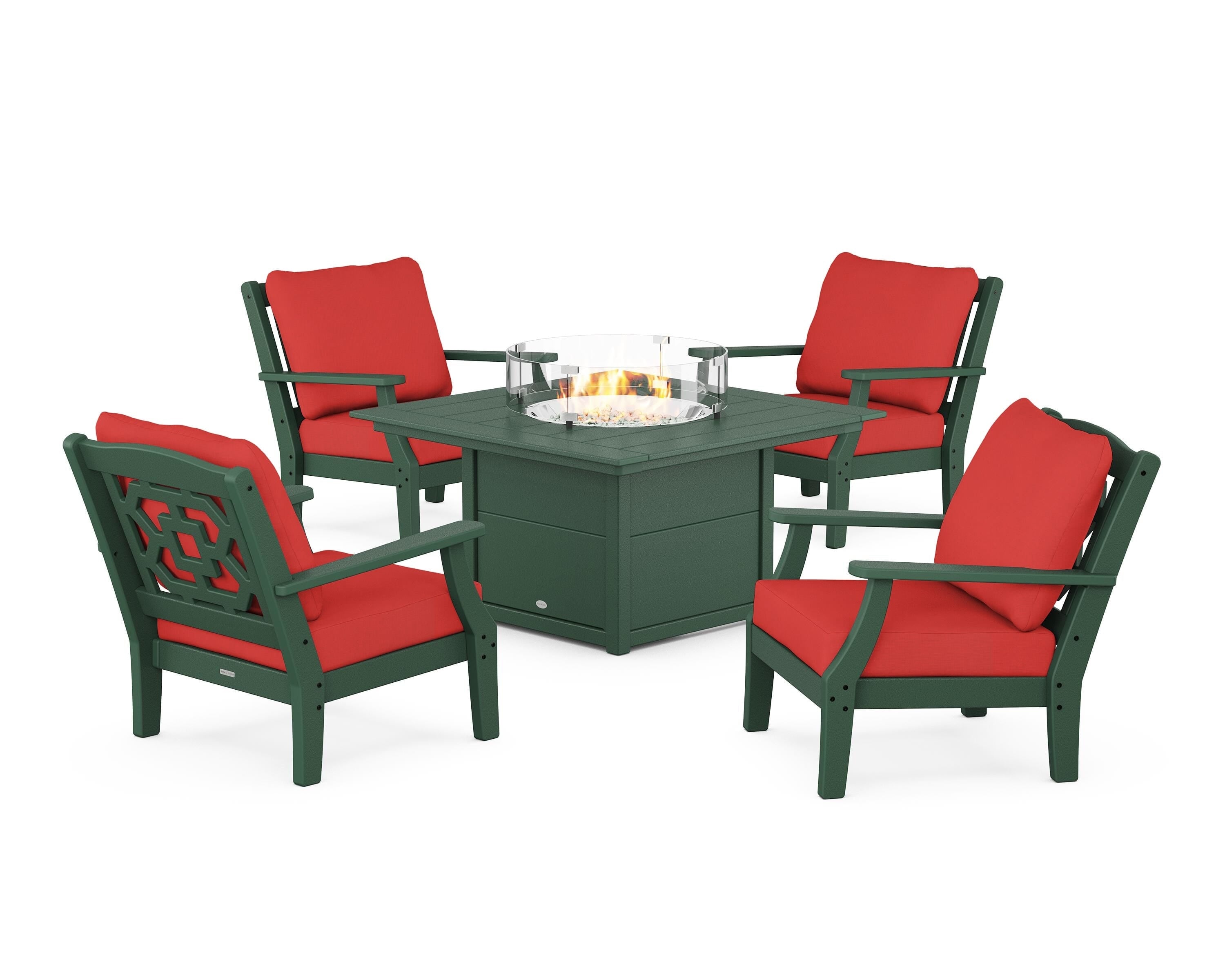 Martha Stewart by POLYWOOD Chinoiserie 5-Piece Deep Seating Set with Fire Pit Table in Green / Crimson Linen