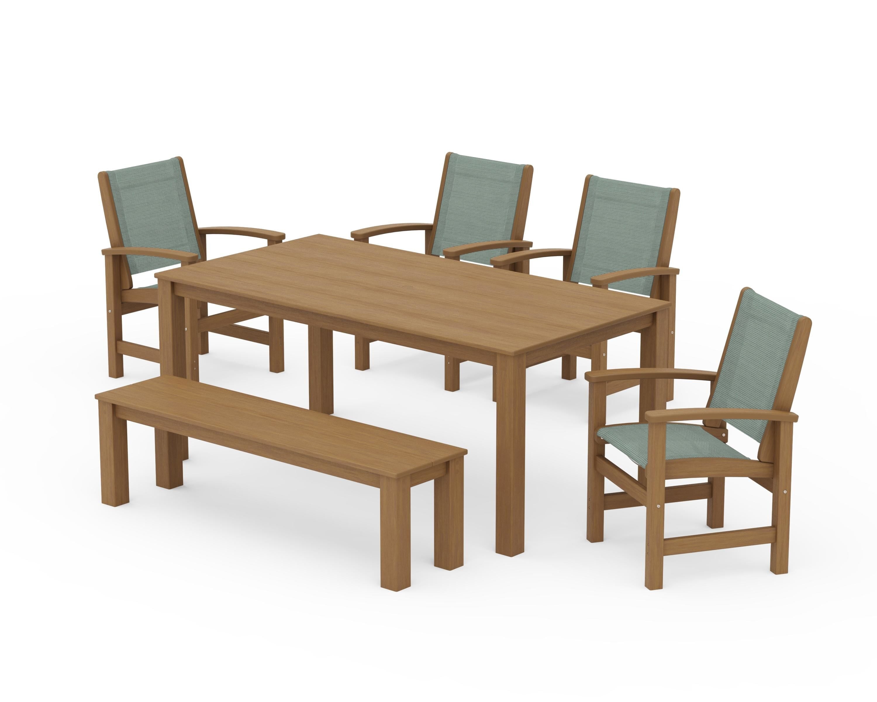 POLYWOOD Coastal 6-Piece Parsons Dining Set with Bench in Natural / Dupioni Sea Mist Sling