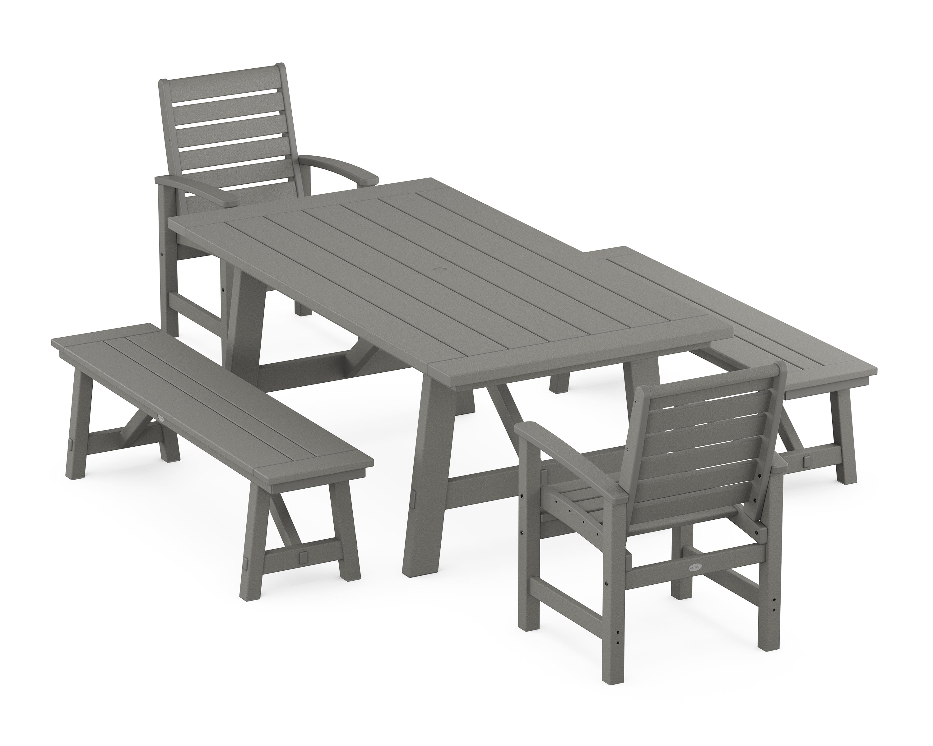 POLYWOOD® Signature 5-Piece Rustic Farmhouse Dining Set With Benches in Slate Grey