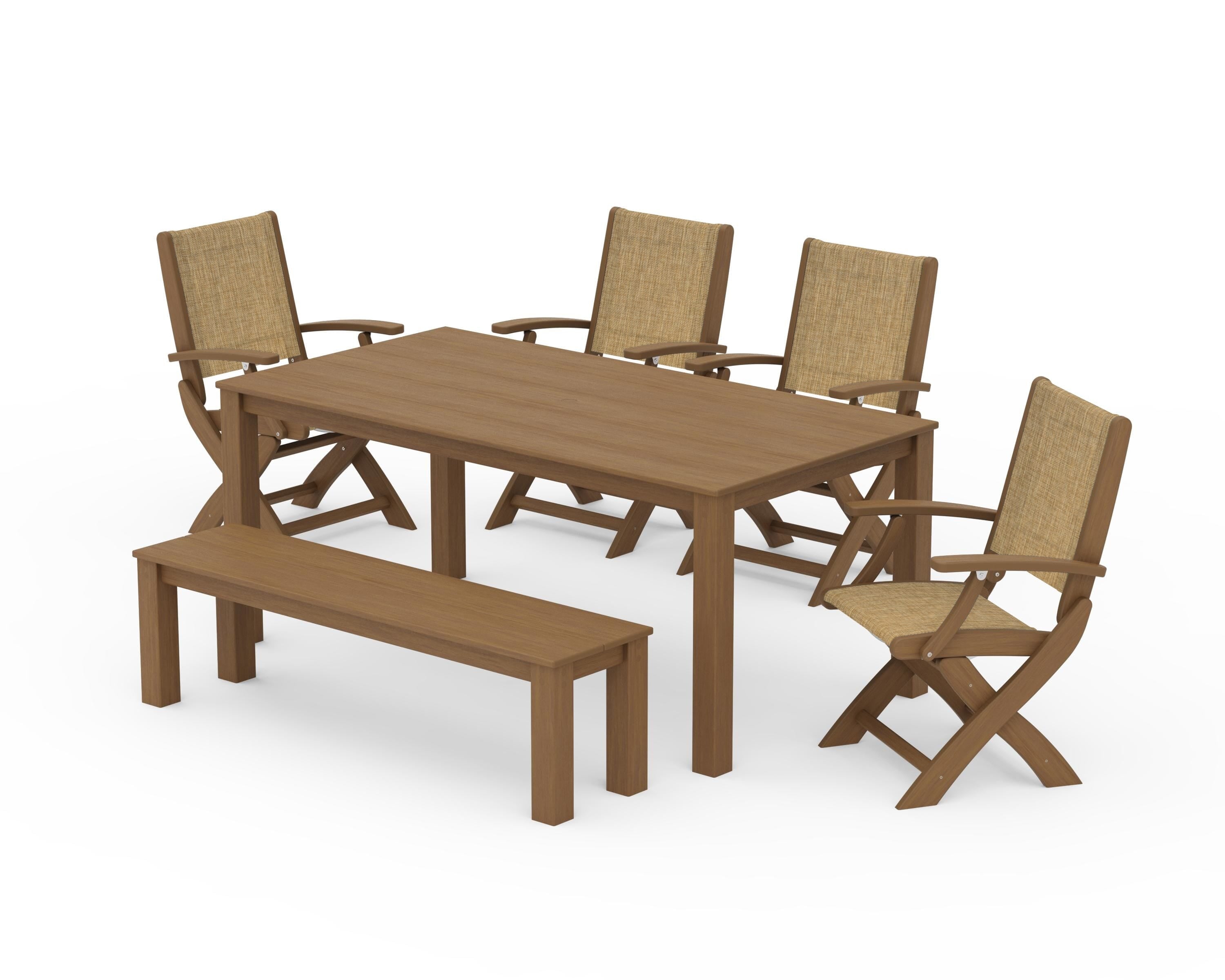 POLYWOOD Coastal Folding Chair 6-Piece Parsons Dining Set with Bench in Natural / Burlap Sling
