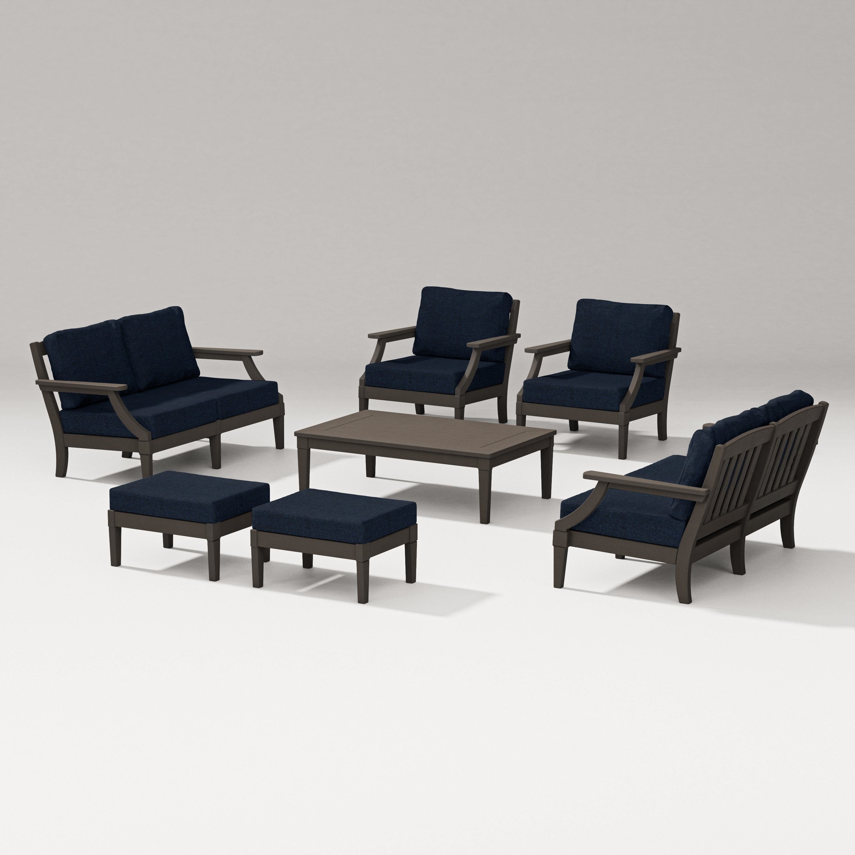 PW Designer Series Estate 7-Piece Lounge Loveseat Set in Vintage Coffee / Marine Indigo