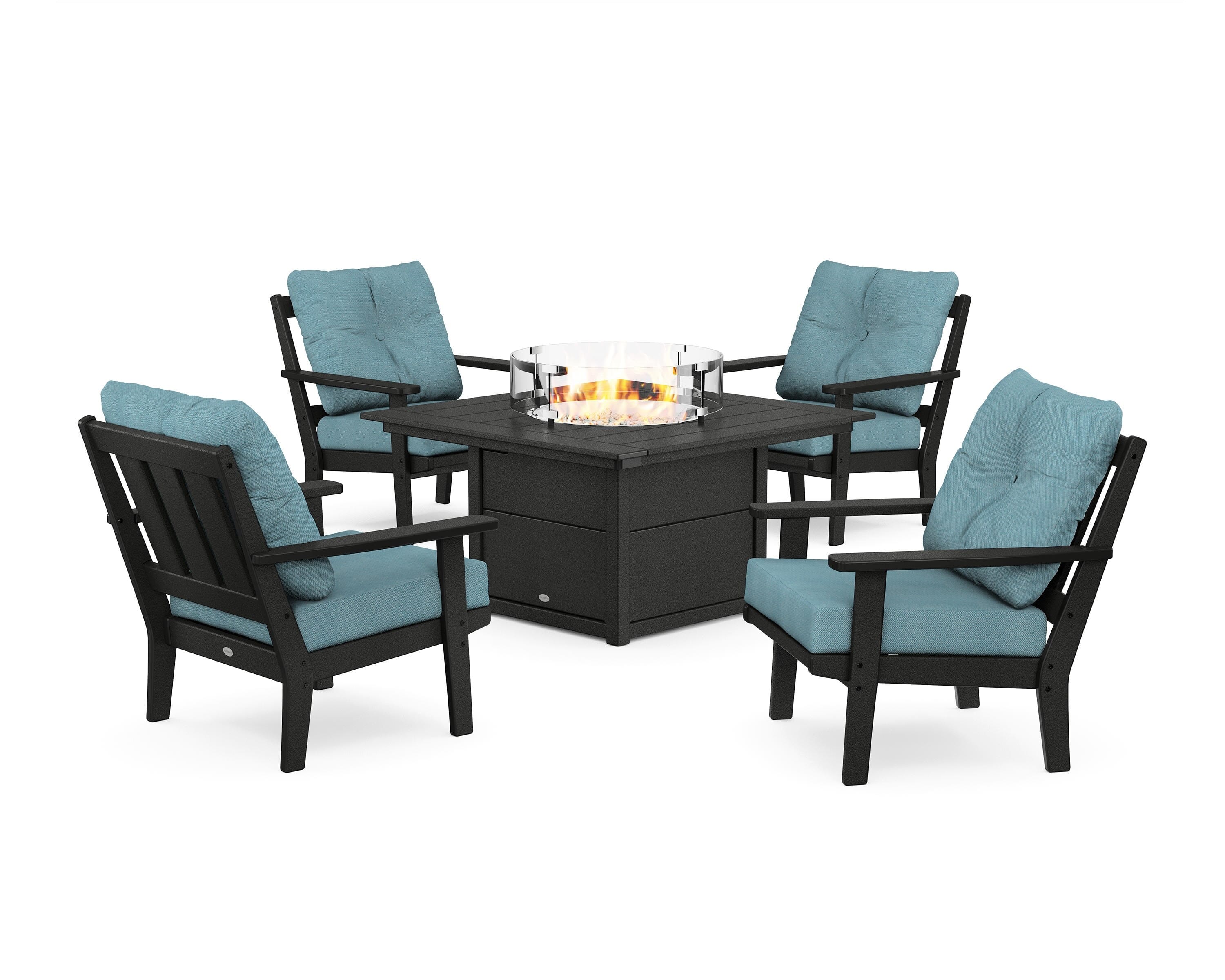 POLYWOOD Oxford 5-Piece Deep Seating Set with Fire Pit Table in Black / Lattice Sky Blue