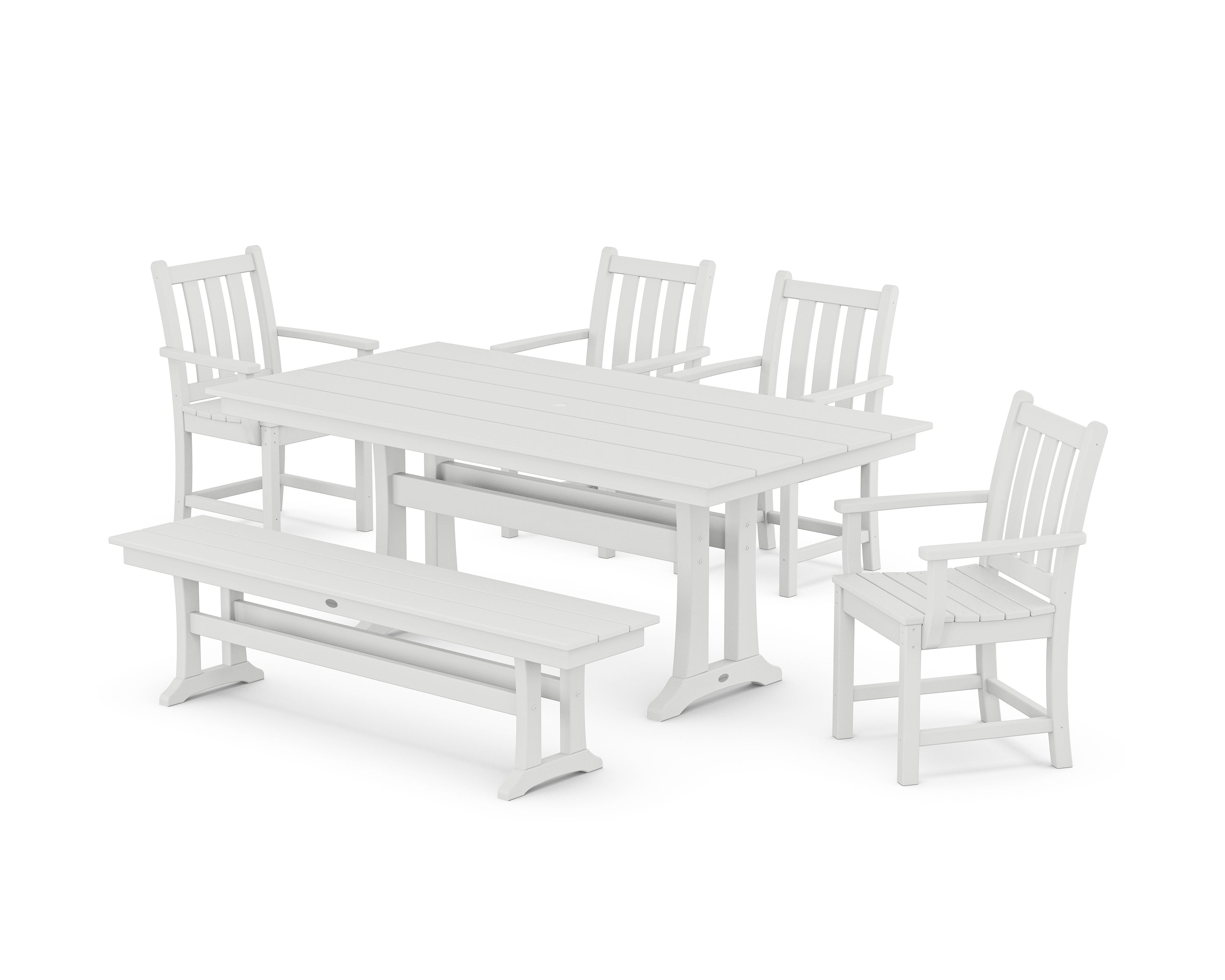 POLYWOOD® Traditional Garden Arm Chair 6-Piece Farmhouse Dining Set with Trestle Legs and Bench in White