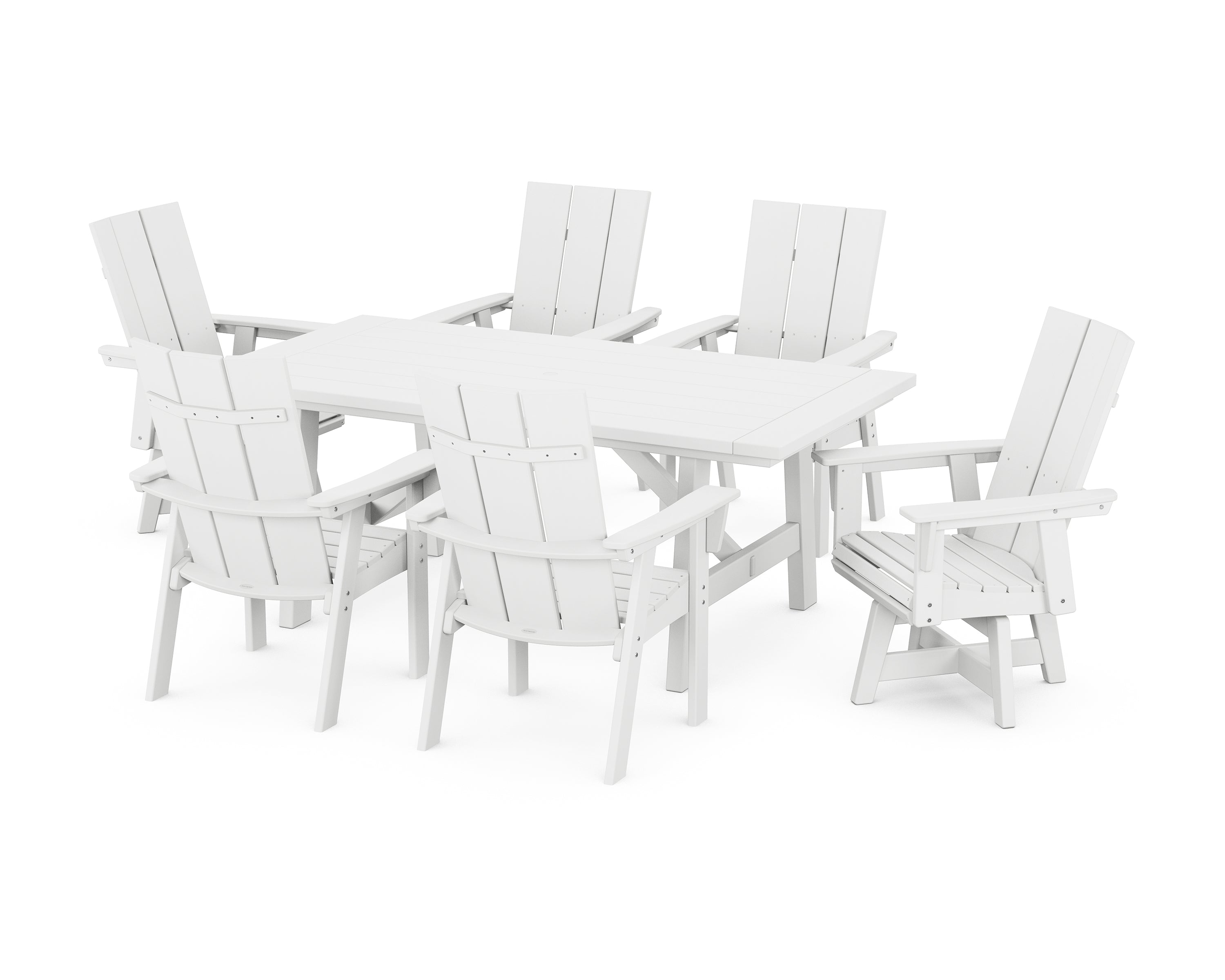 POLYWOOD® Modern Curveback Adirondack 7-Piece Rustic Farmhouse Swivel Dining Set in White