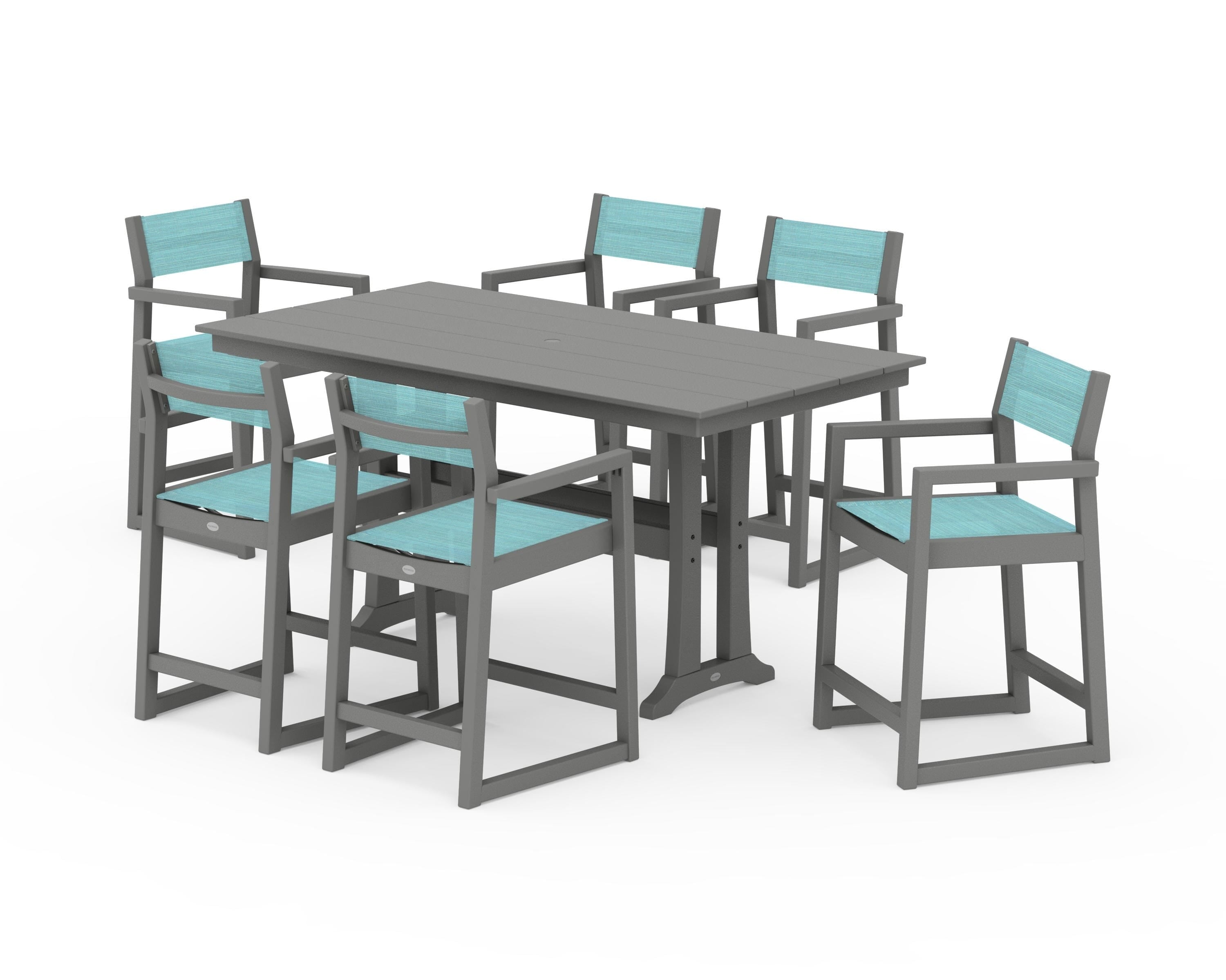 POLYWOOD EDGE Sling Arm Chair 7-Piece Farmhouse Counter Set with Trestle Legs in Slate Grey / Dupioni Aquamarine Sling