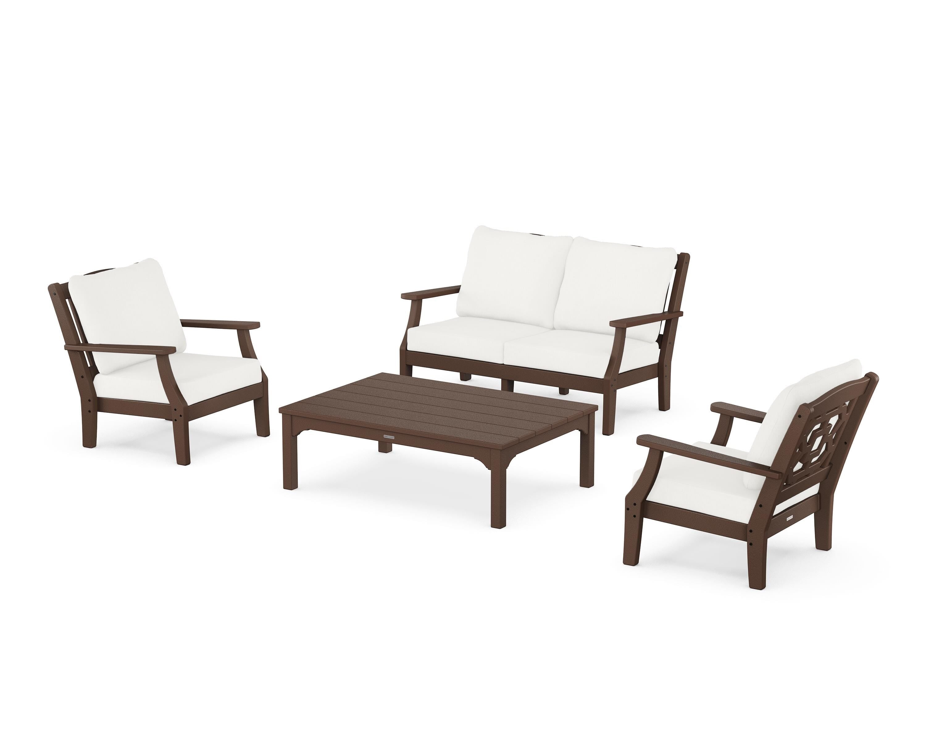 Martha Stewart by POLYWOOD Chinoiserie 4-Piece Deep Seating Set with Loveseat in Mahogany / Natural Linen
