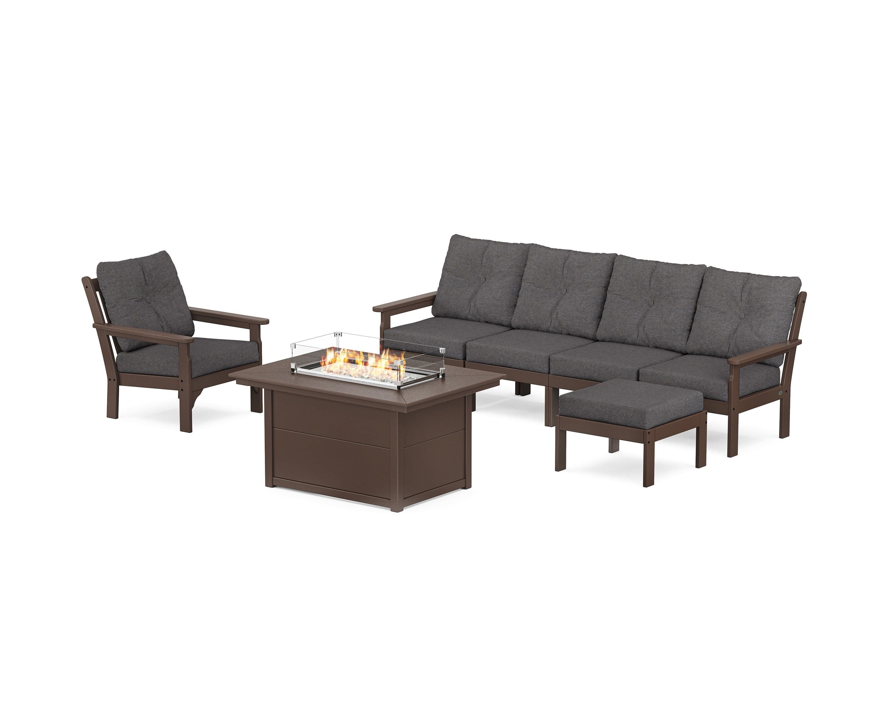 POLYWOOD Vineyard Sectional Lounge and Fire Pit Set in Mahogany / Ash Charcoal