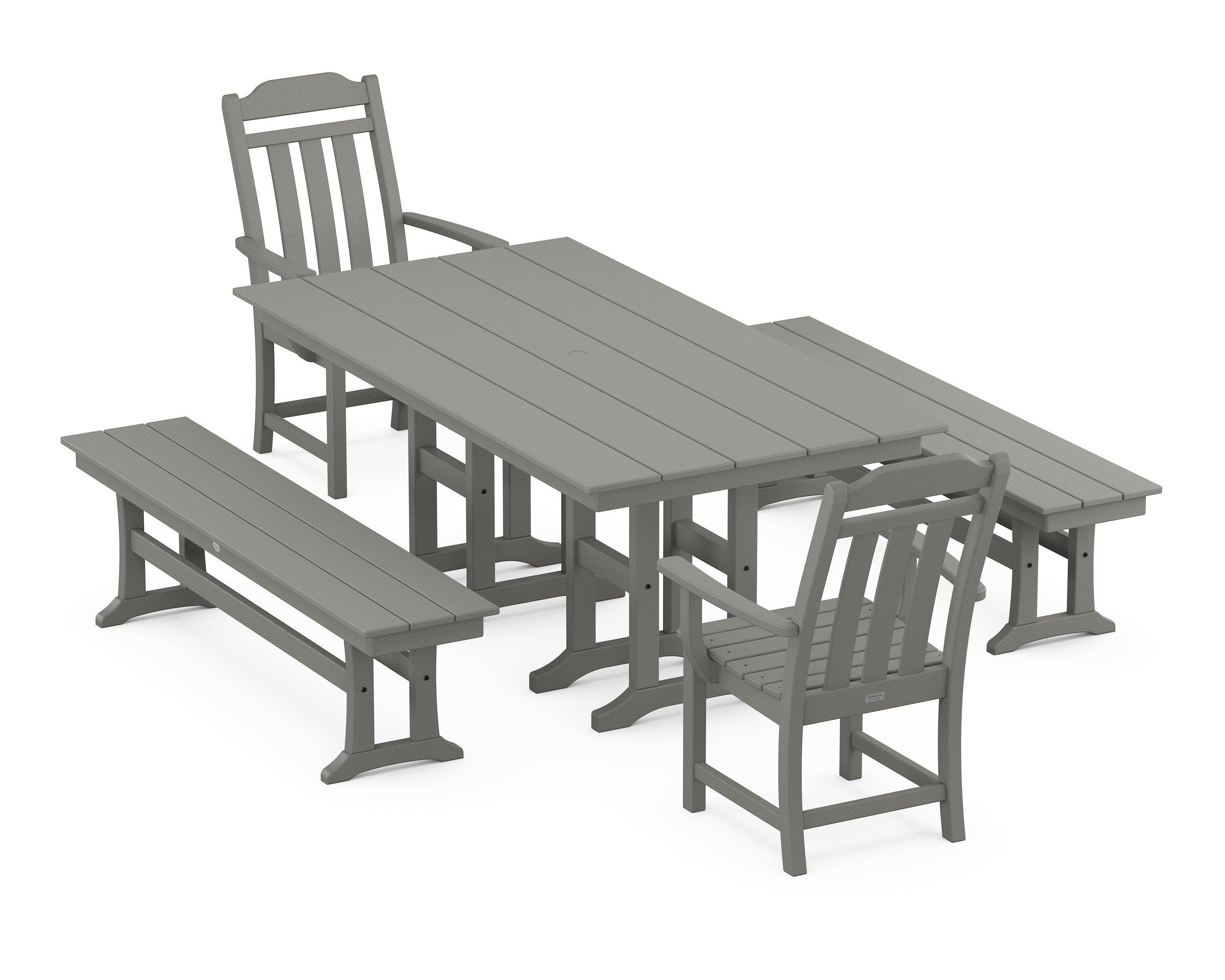 Polywood Country Living 5-Piece Farmhouse Dining Set with Benches in Slate Grey
