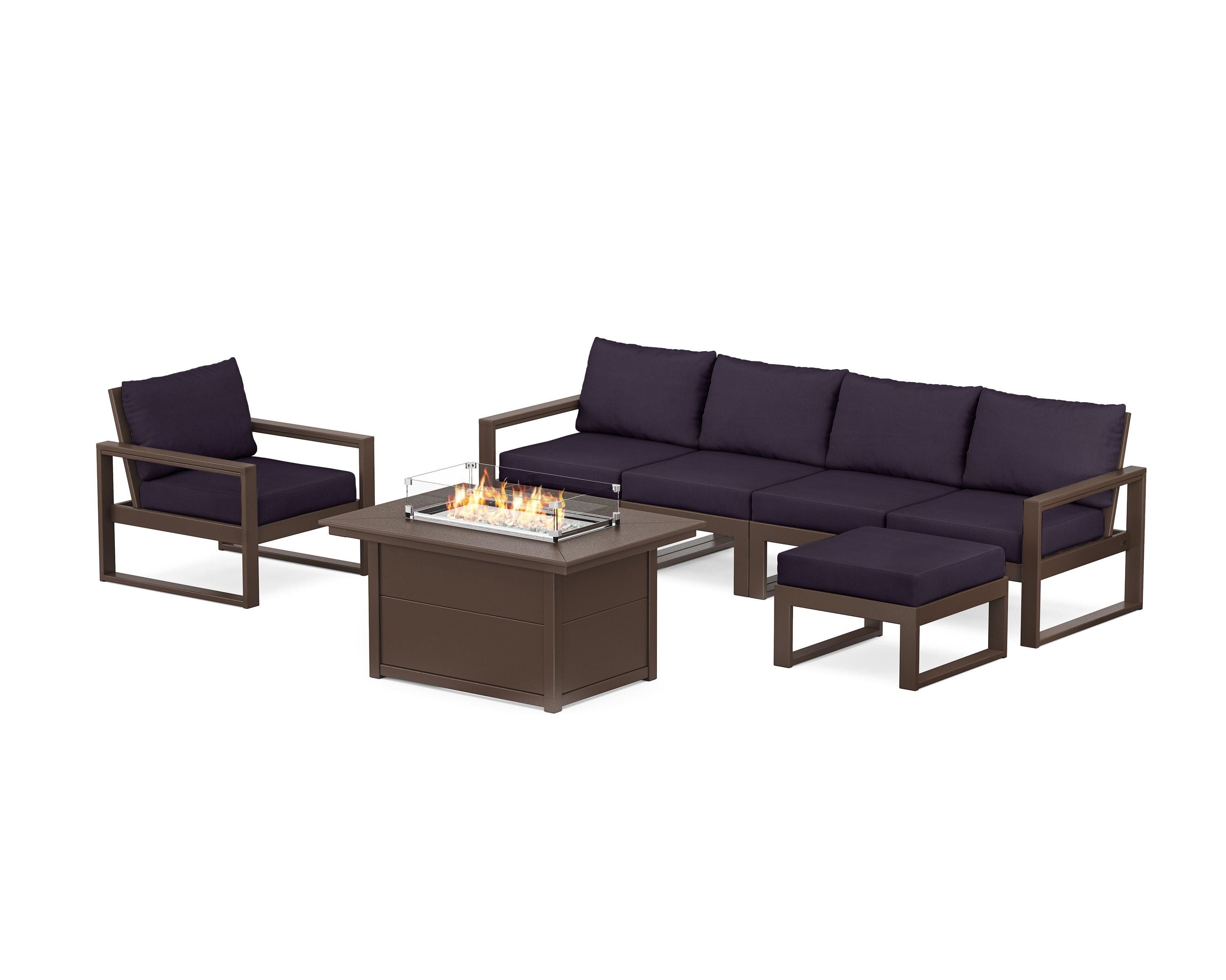 POLYWOOD EDGE Sectional Lounge and Fire Pit Set in Mahogany / Navy Linen