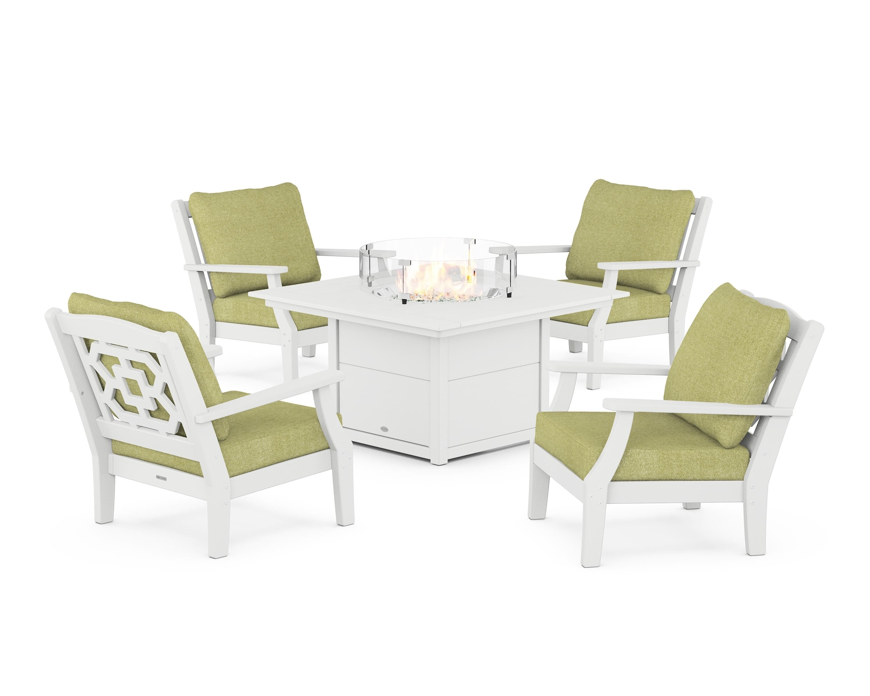 Martha Stewart by POLYWOOD Chinoiserie 5-Piece Deep Seating Set with Fire Pit Table in White / Chartreuse Boucle