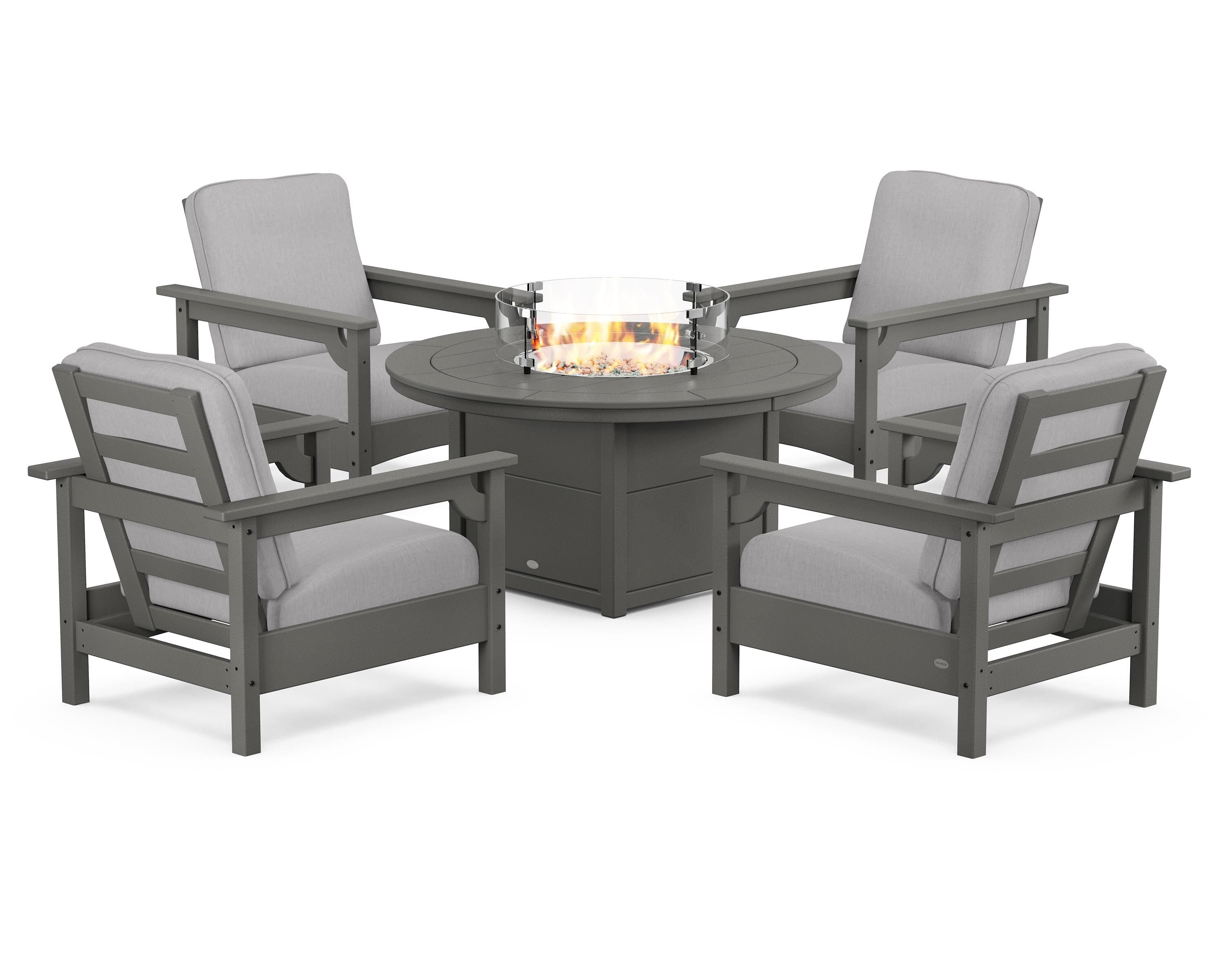 POLYWOOD Club 5-Piece Conversation Set with Fire Pit Table in Slate Grey / Granite
