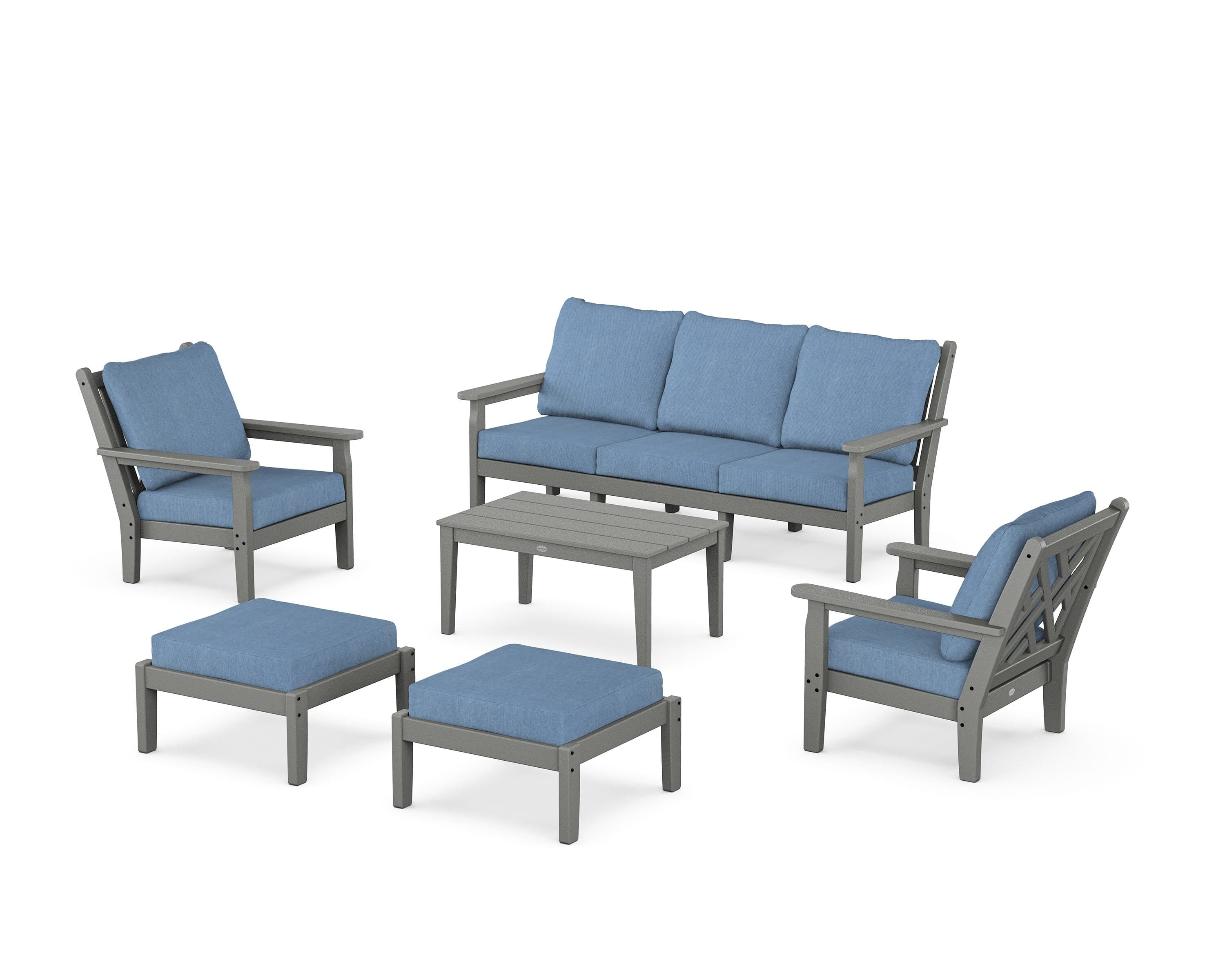 POLYWOOD Chippendale 6-Piece Lounge Sofa Set in Slate Grey / Sky Blue