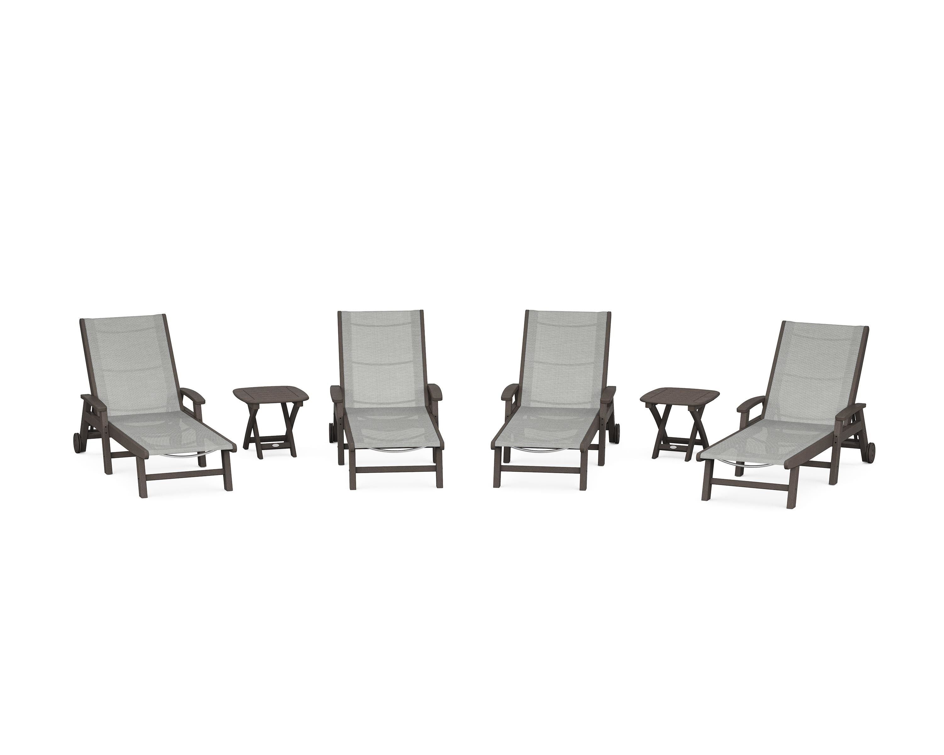 POLYWOOD Coastal Chaise 6-Piece Set with Wheels in Vintage Coffee / Metallic Sling