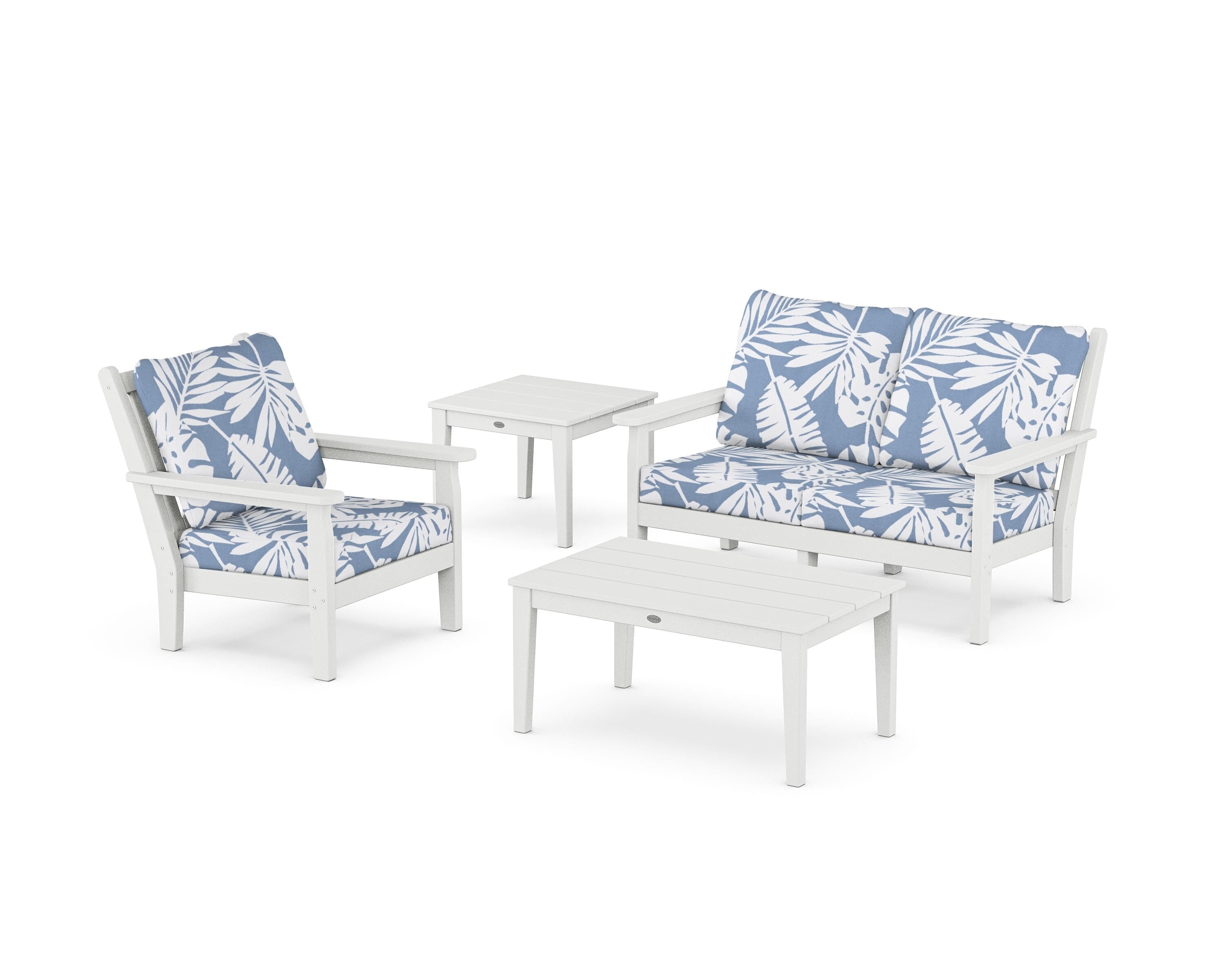POLYWOOD Chippendale 4-Piece Deep Seating Set in White / Leaf Sky Blue