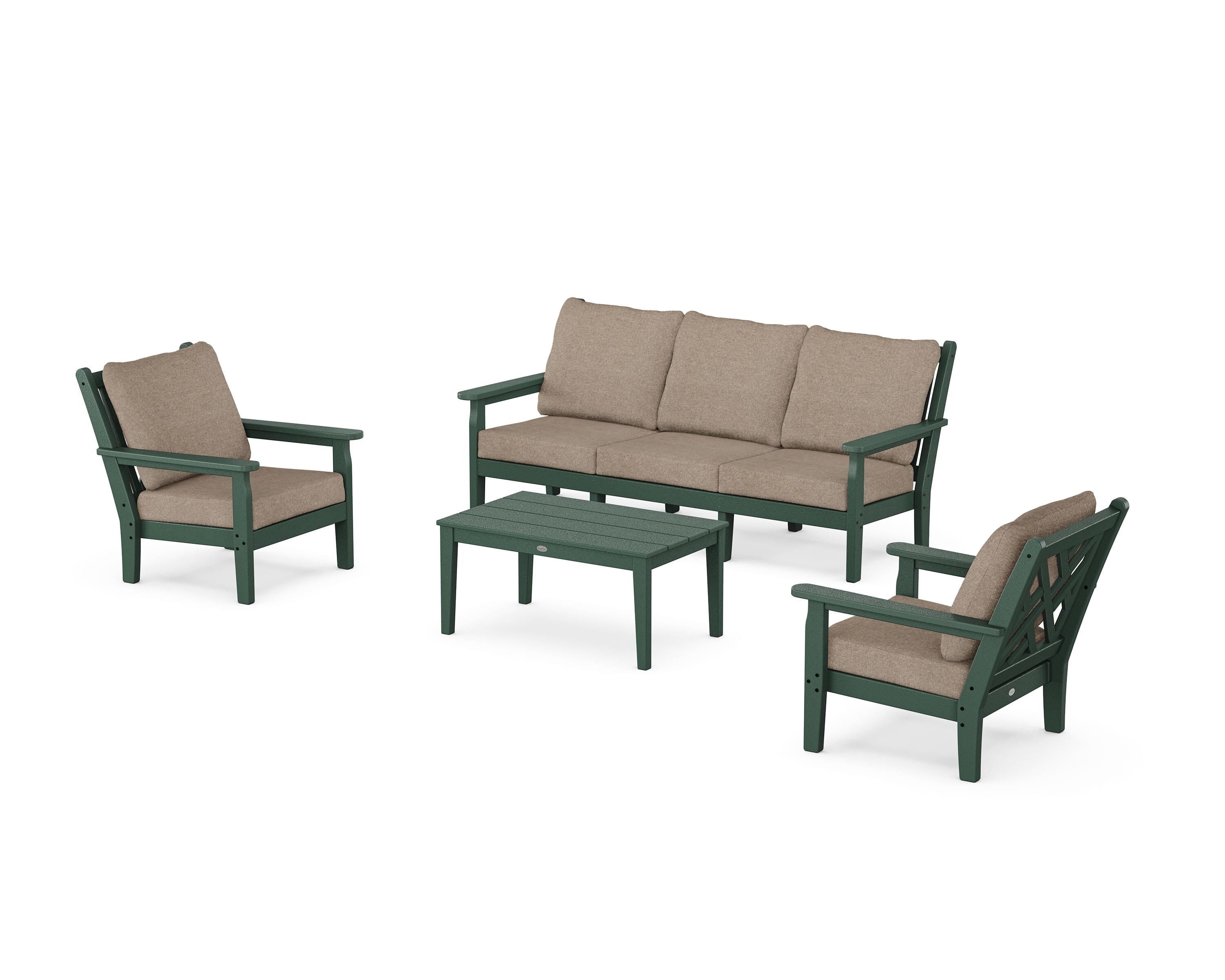 POLYWOOD Chippendale 4-Piece Deep Seating Set with Sofa in Green / Spiced Burlap