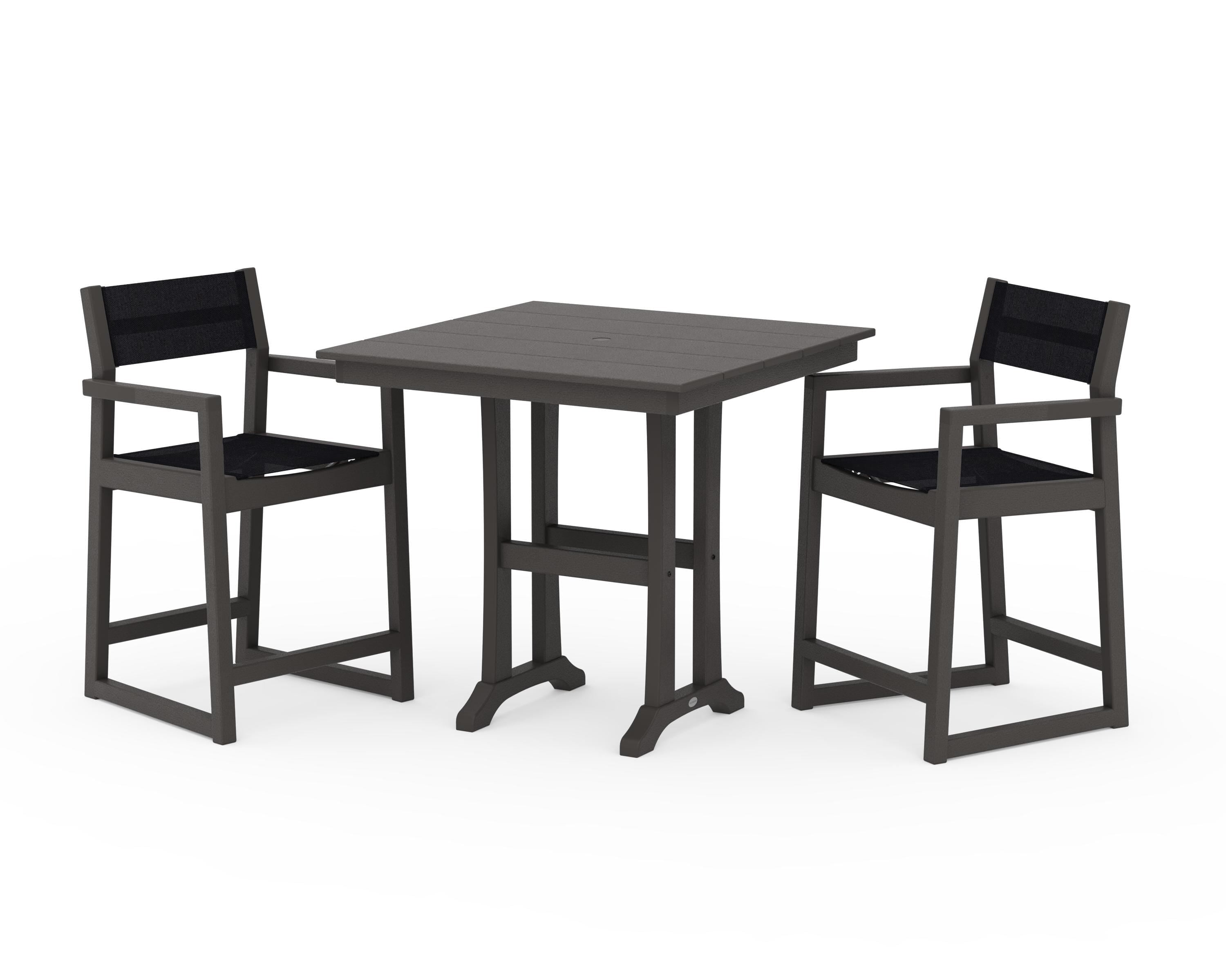 POLYWOOD EDGE Sling Arm Chair 3-Piece Farmhouse Counter Set with Trestle Legs in Vintage Coffee / Black Sling