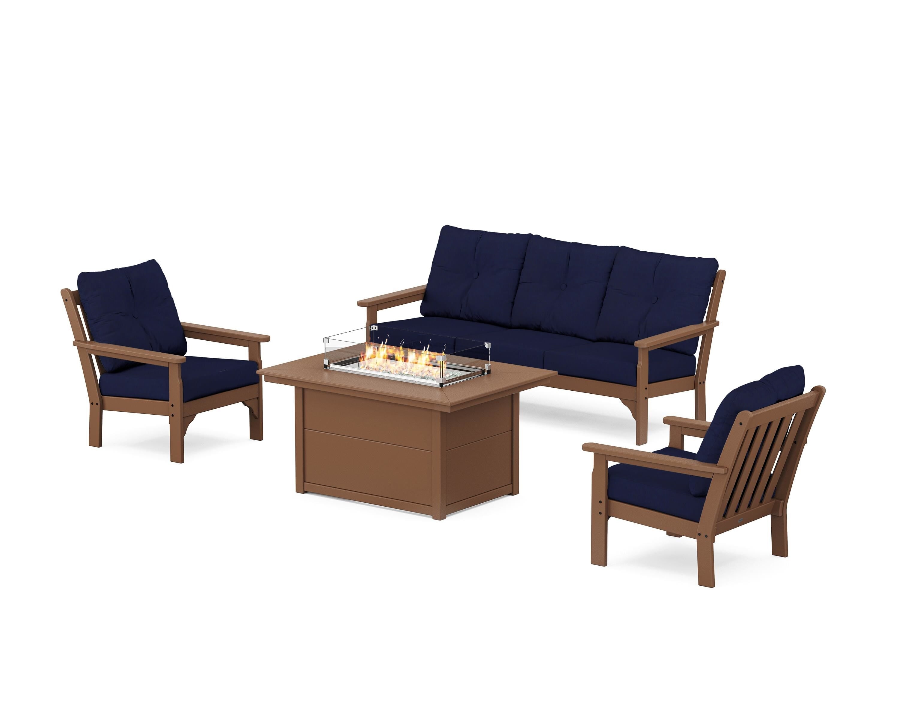 POLYWOOD Vineyard Deep Seating Fire Pit Table Set in Teak / Navy