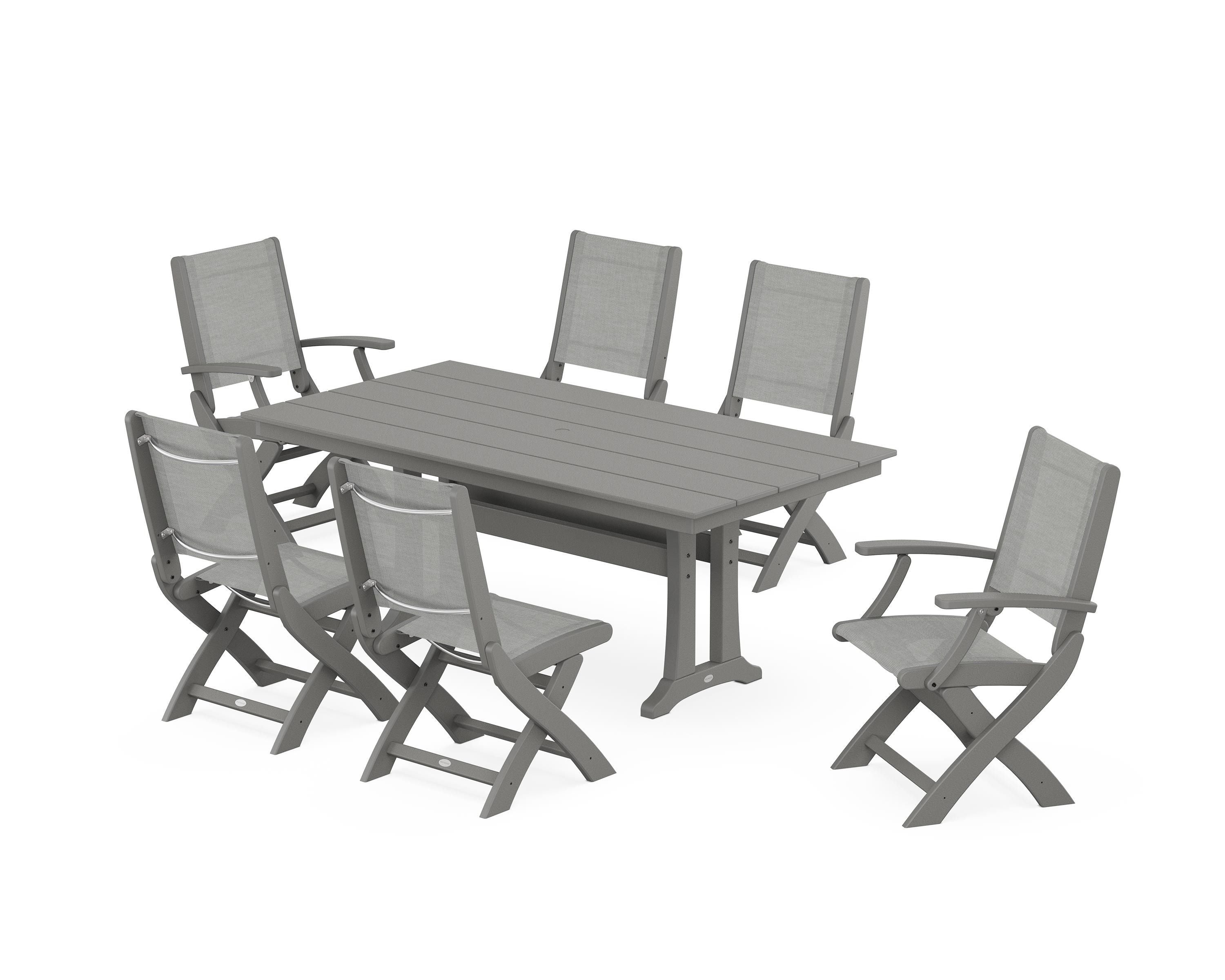 POLYWOOD Coastal Folding Chair 7-Piece Farmhouse Dining Set with Trestle Legs in Slate Grey / Metallic Sling