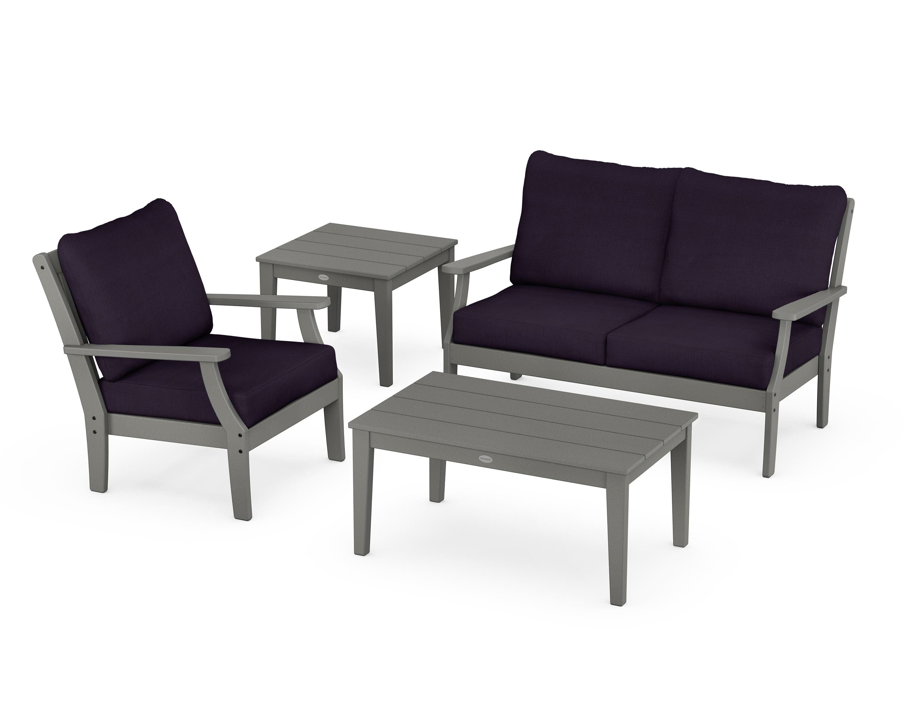 POLYWOOD Braxton 4-Piece Deep Seating Set in Slate Grey / Navy Linen