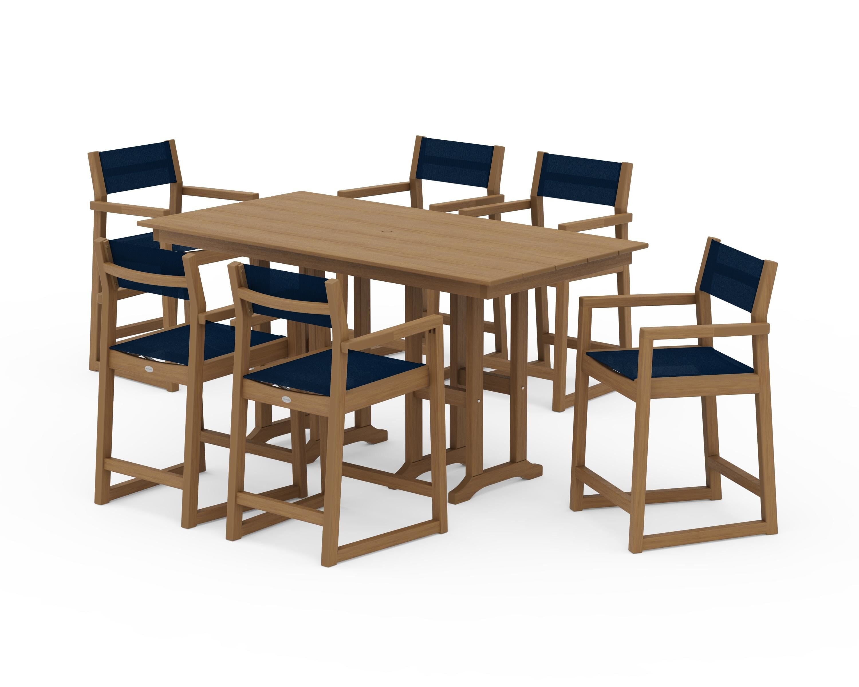 POLYWOOD EDGE Sling Arm Chair 7-Piece Farmhouse Counter Set in Natural / Navy Blue Sling