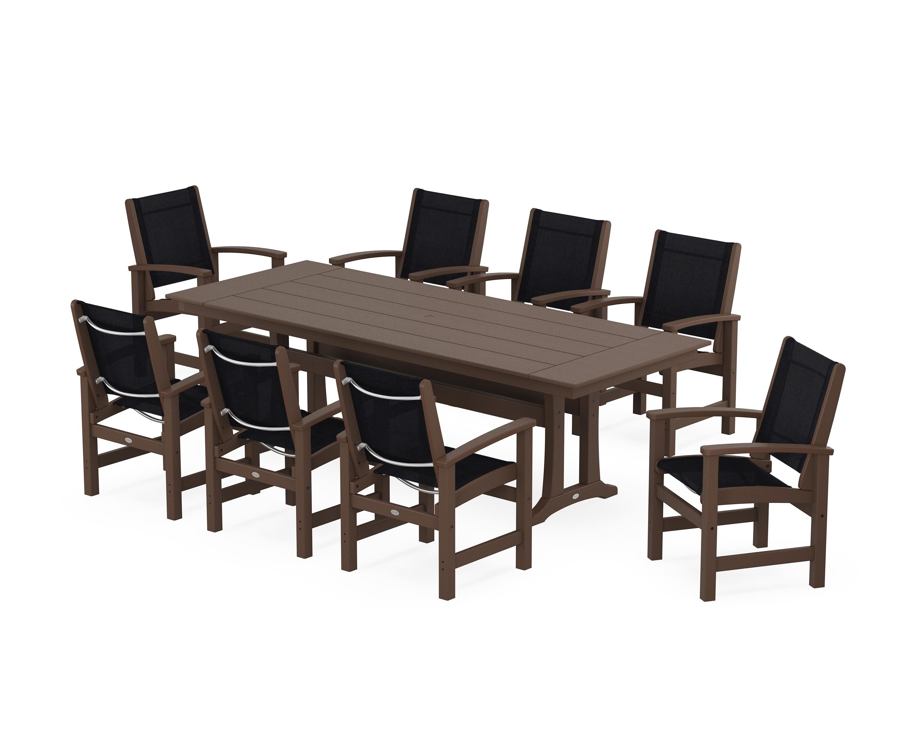 POLYWOOD Coastal 9-Piece Farmhouse Dining Set with Trestle Legs in Mahogany / Black Sling