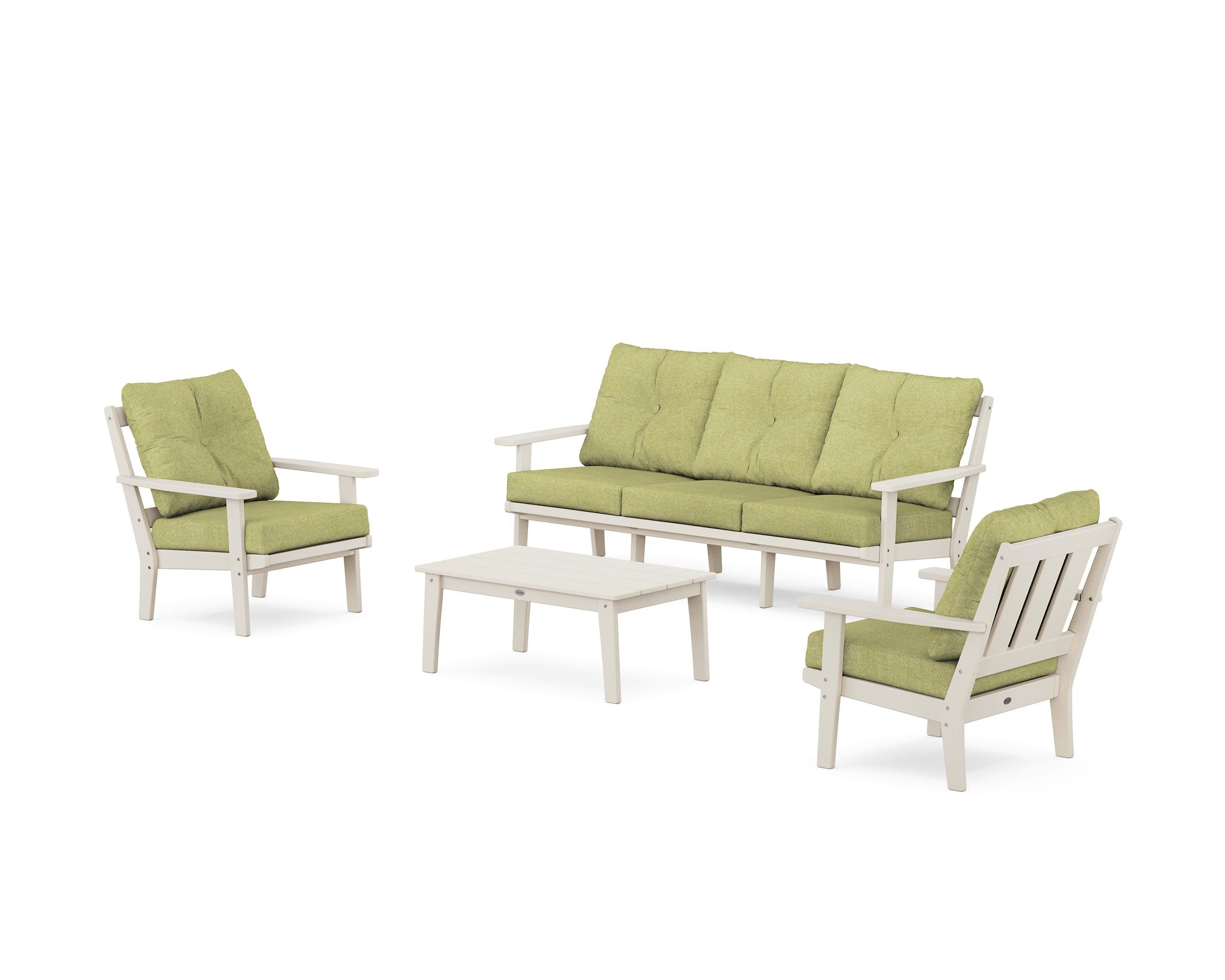 POLYWOOD Oxford 4-Piece Deep Seating Set with Sofa in Sand / Chartreuse Boucle