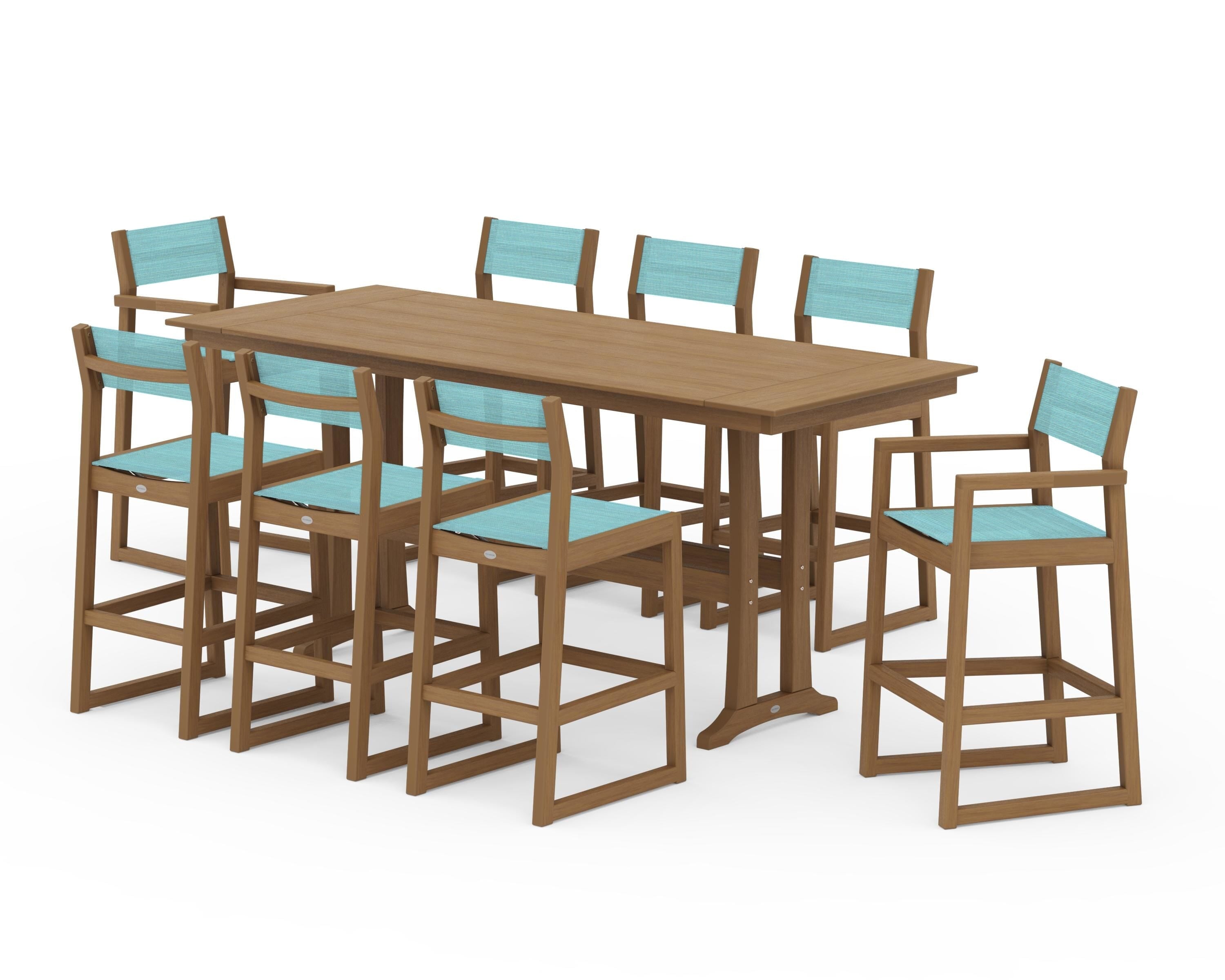 POLYWOOD EDGE Sling 9-Piece Farmhouse Bar Set with Trestle Legs in Natural / Dupioni Aquamarine Sling