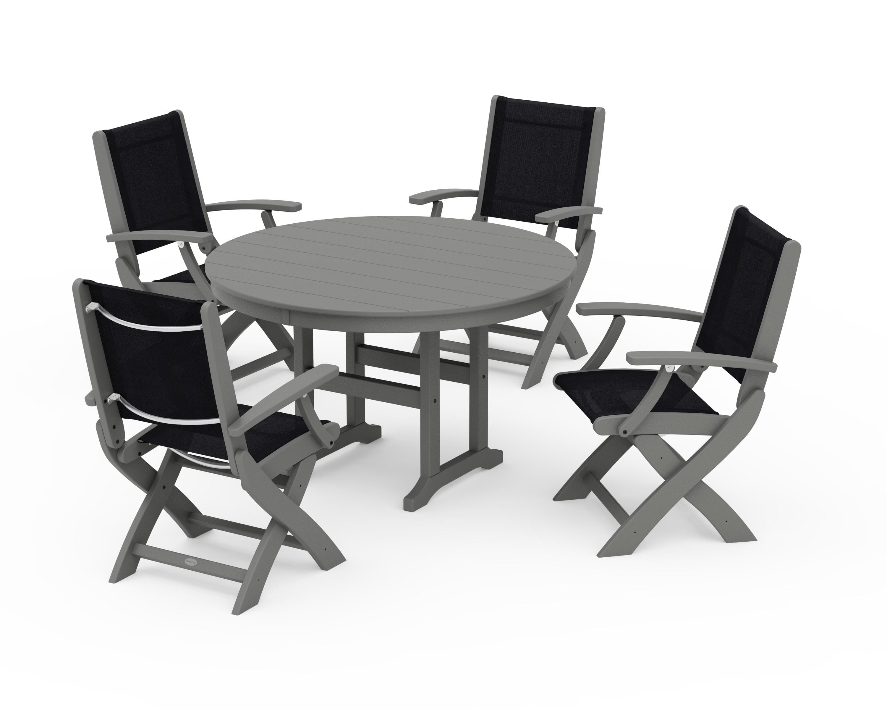 POLYWOOD Coastal Folding Chair 5-Piece Round Dining Set in Slate Grey / Black Sling