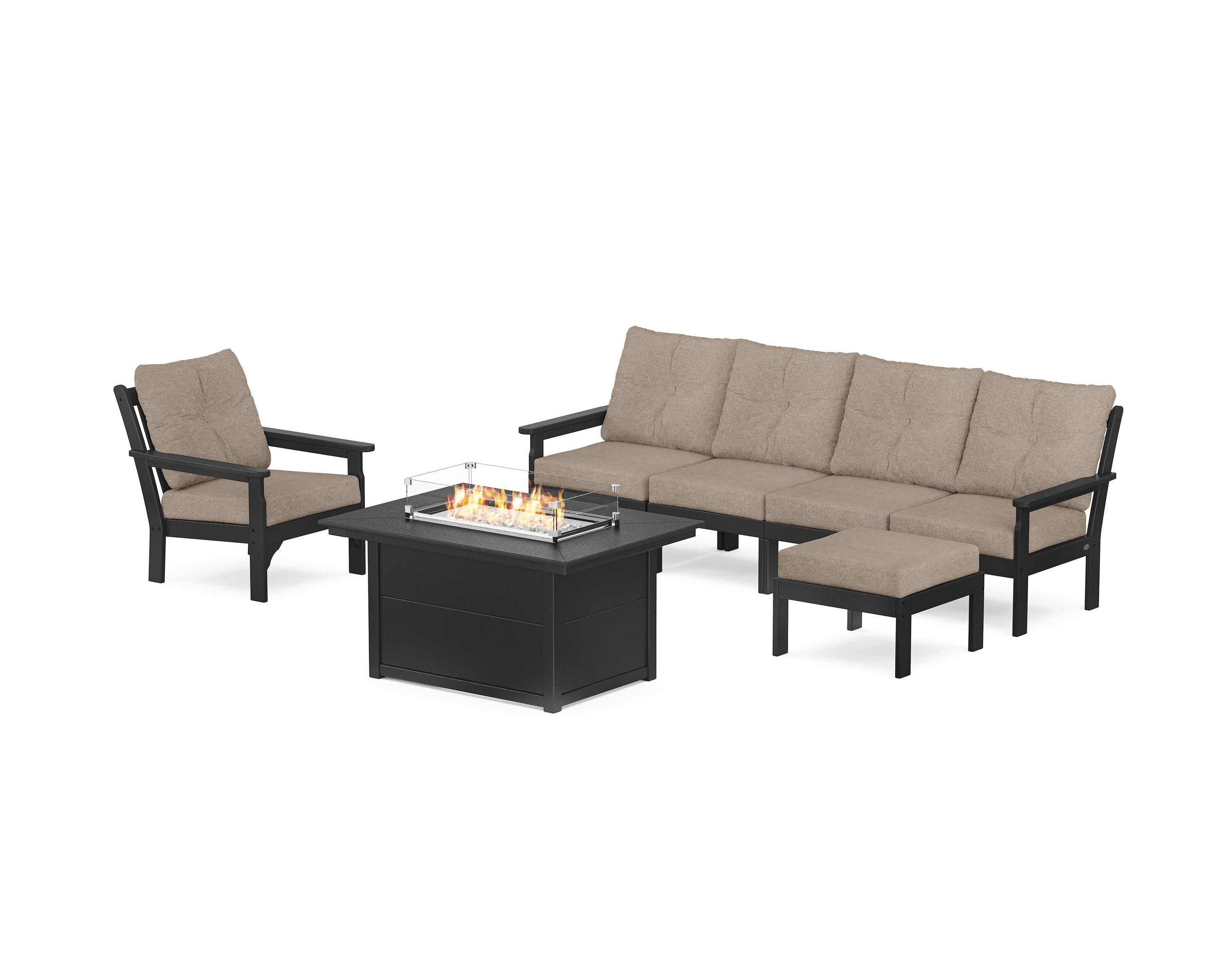 POLYWOOD Vineyard Sectional Lounge and Fire Pit Set in Black / Spiced Burlap