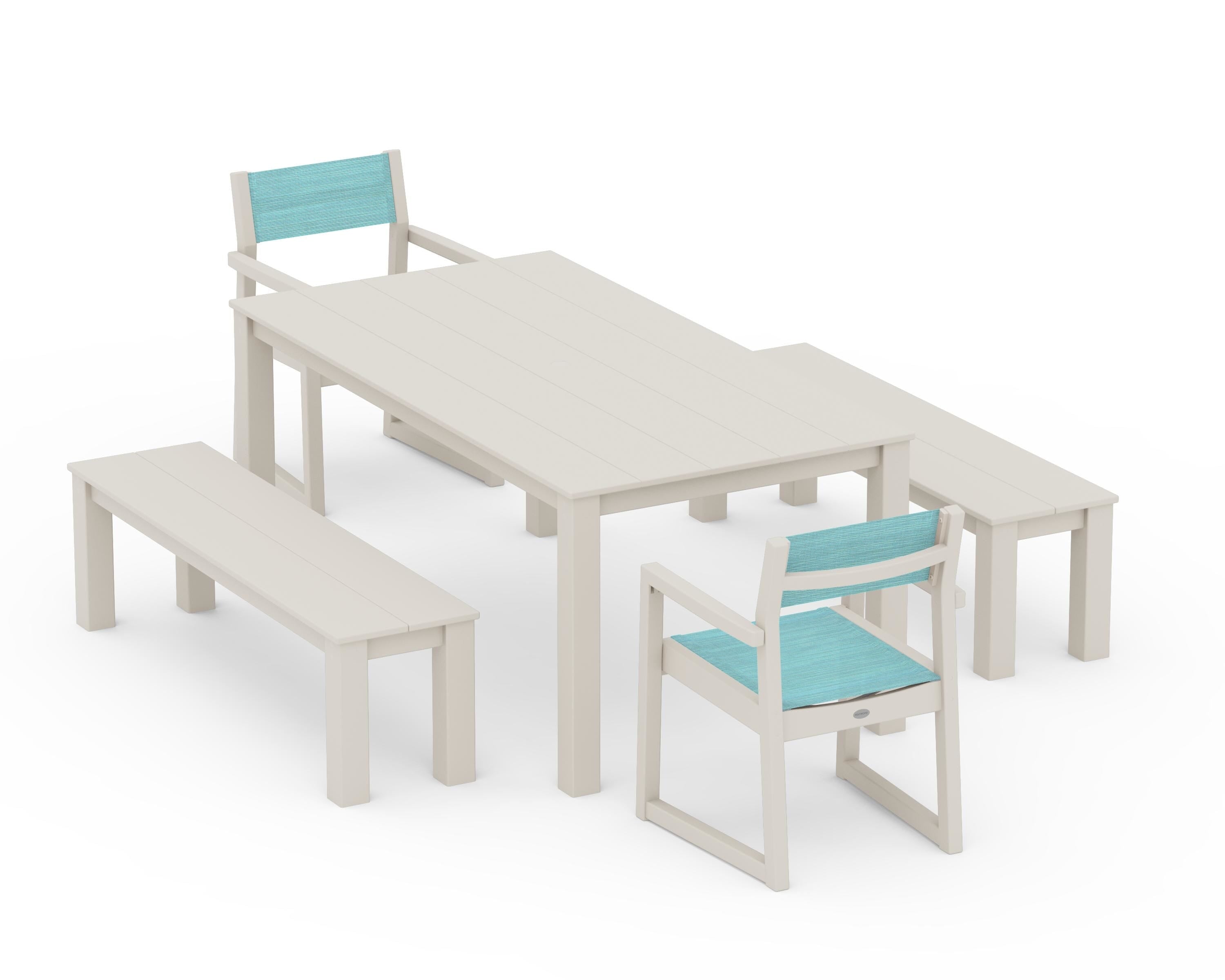 POLYWOOD EDGE Sling Arm Chair 5-Piece Parsons Dining Set with Benches in Sand / Dupioni Aquamarine Sling