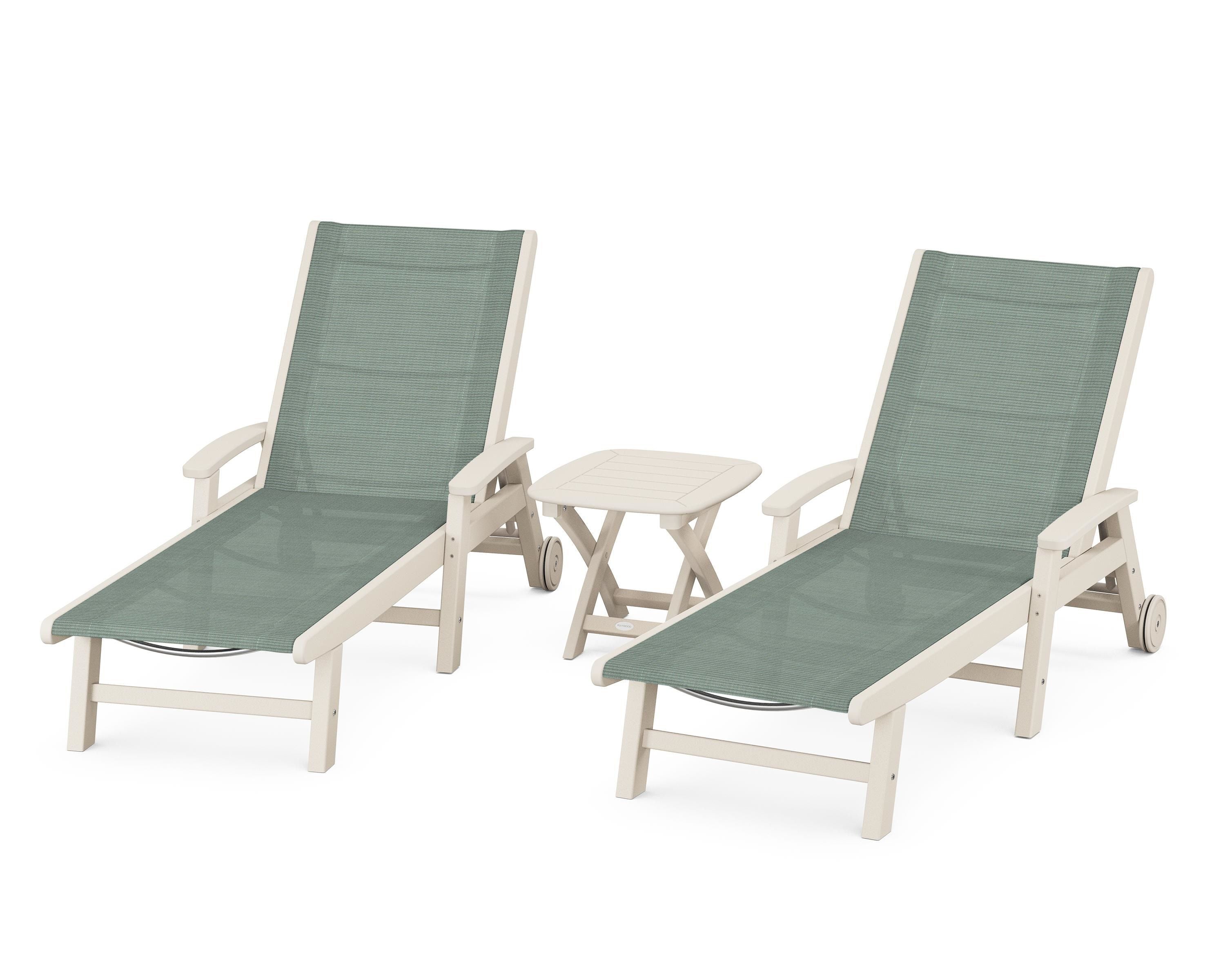 POLYWOOD Coastal 3-Piece Wheeled Chaise Set in Sand / Dupioni Sea Mist Sling
