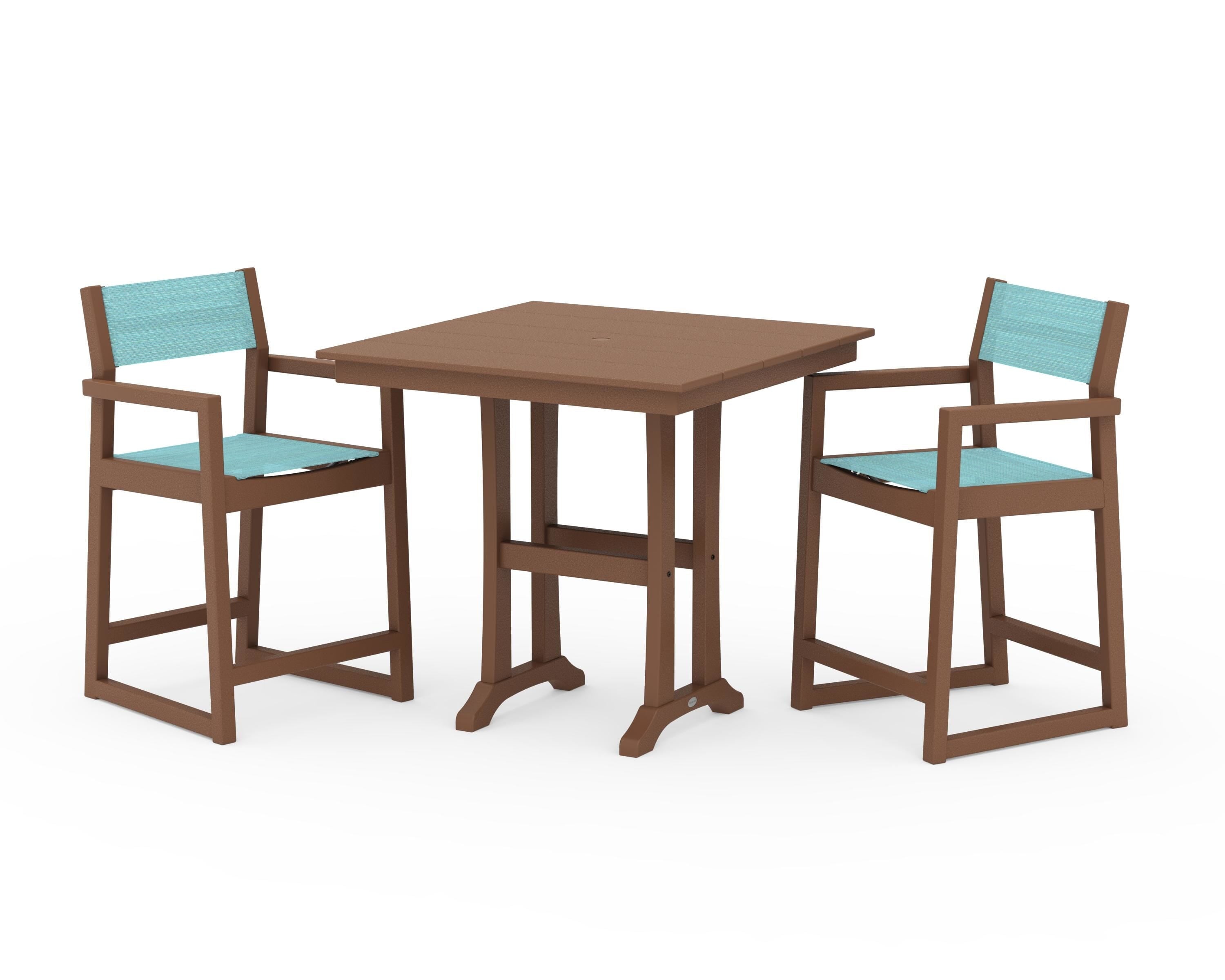 POLYWOOD EDGE Sling Arm Chair 3-Piece Farmhouse Counter Set with Trestle Legs in Teak / Dupioni Aquamarine Sling