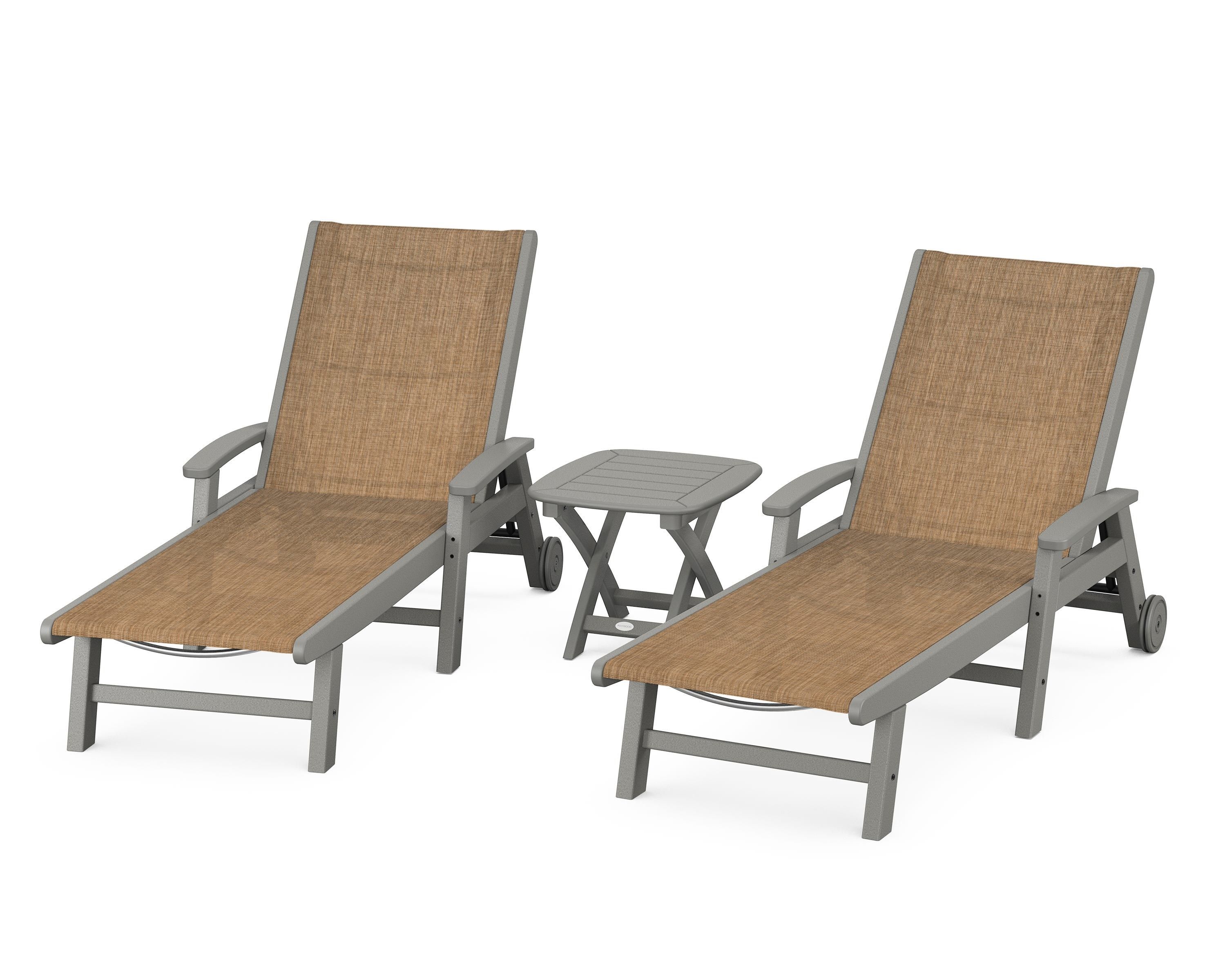 POLYWOOD Coastal 3-Piece Wheeled Chaise Set in Slate Grey / Burlap Sling