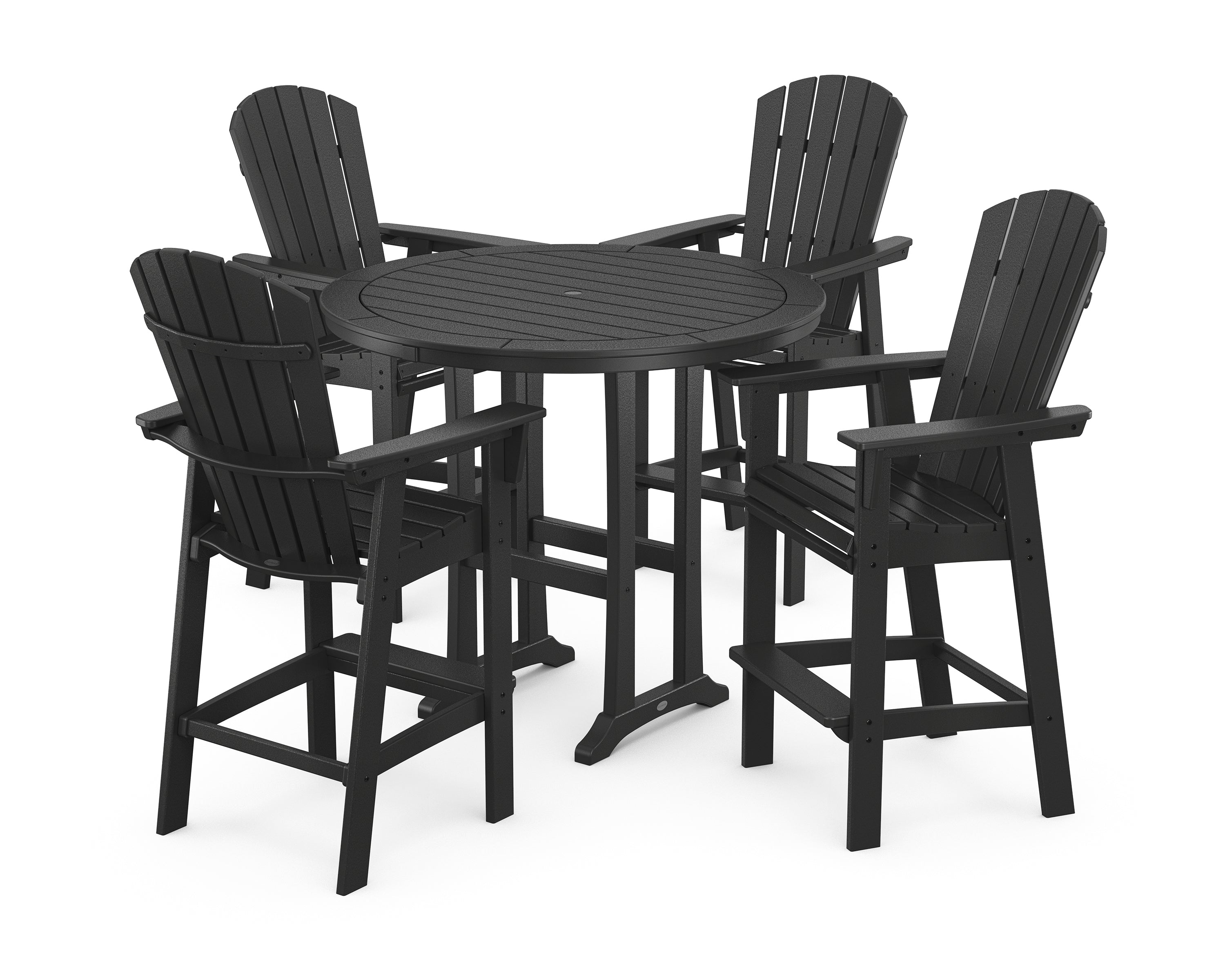 POLYWOOD® Nautical Curveback Adirondack 5-Piece Round Trestle Bar Set in Black