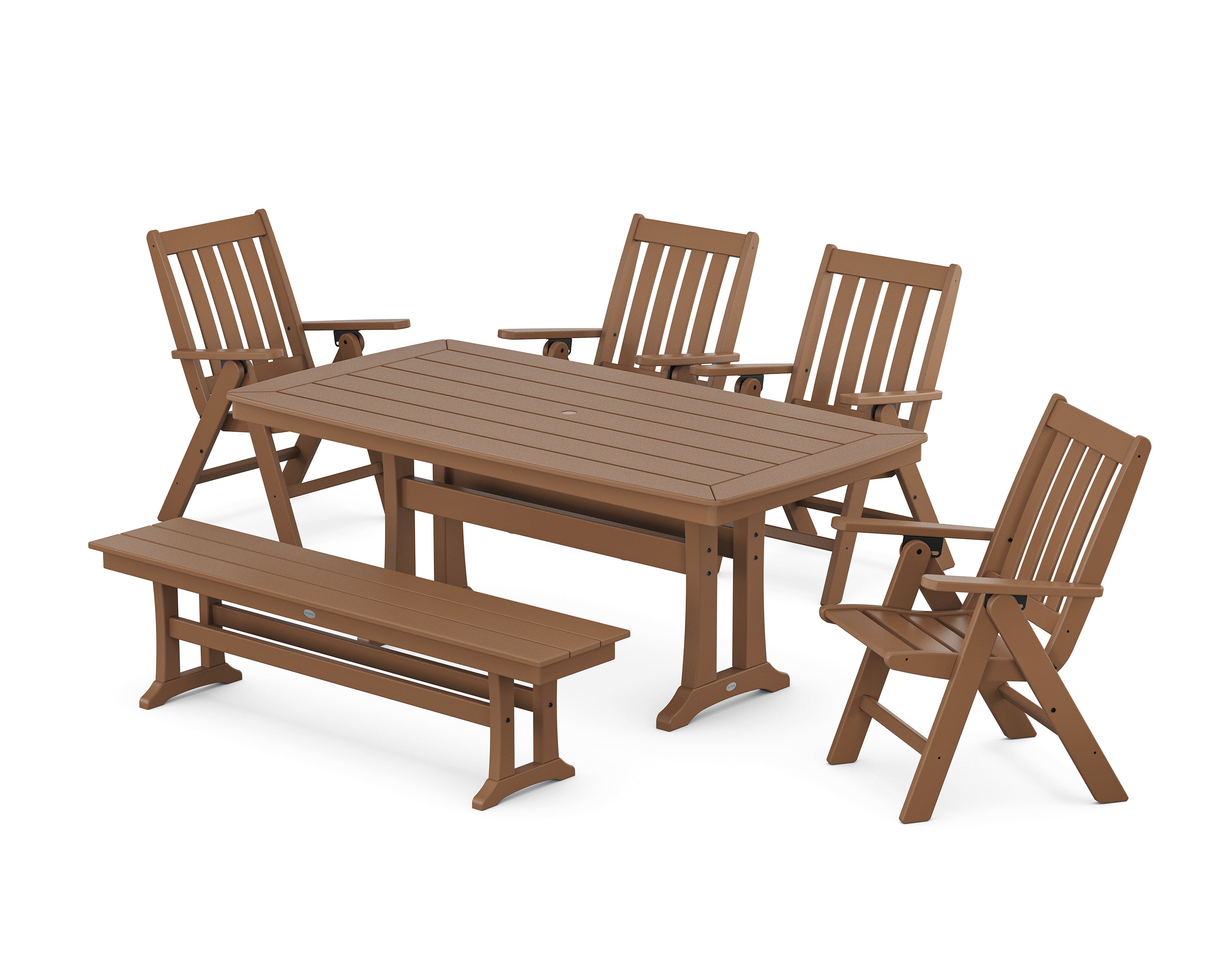 POLYWOOD Vineyard Folding Chair 6-Piece Dining Set with Trestle Legs and Bench in Teak