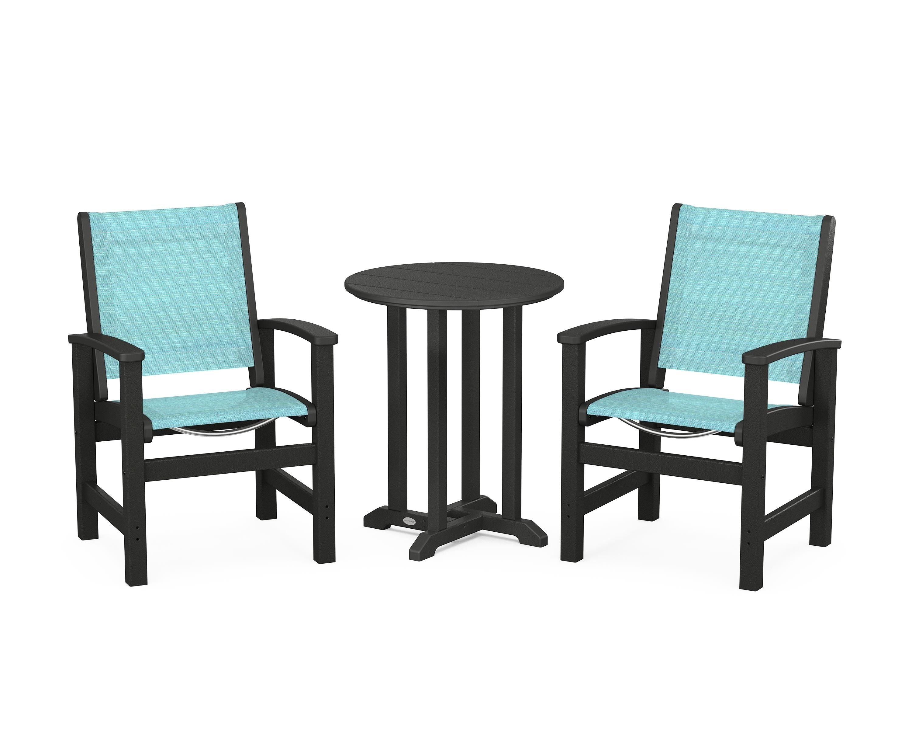 POLYWOOD Coastal 3-Piece Round Bistro Dining Set in Black / Dupioni Aquamarine Sling