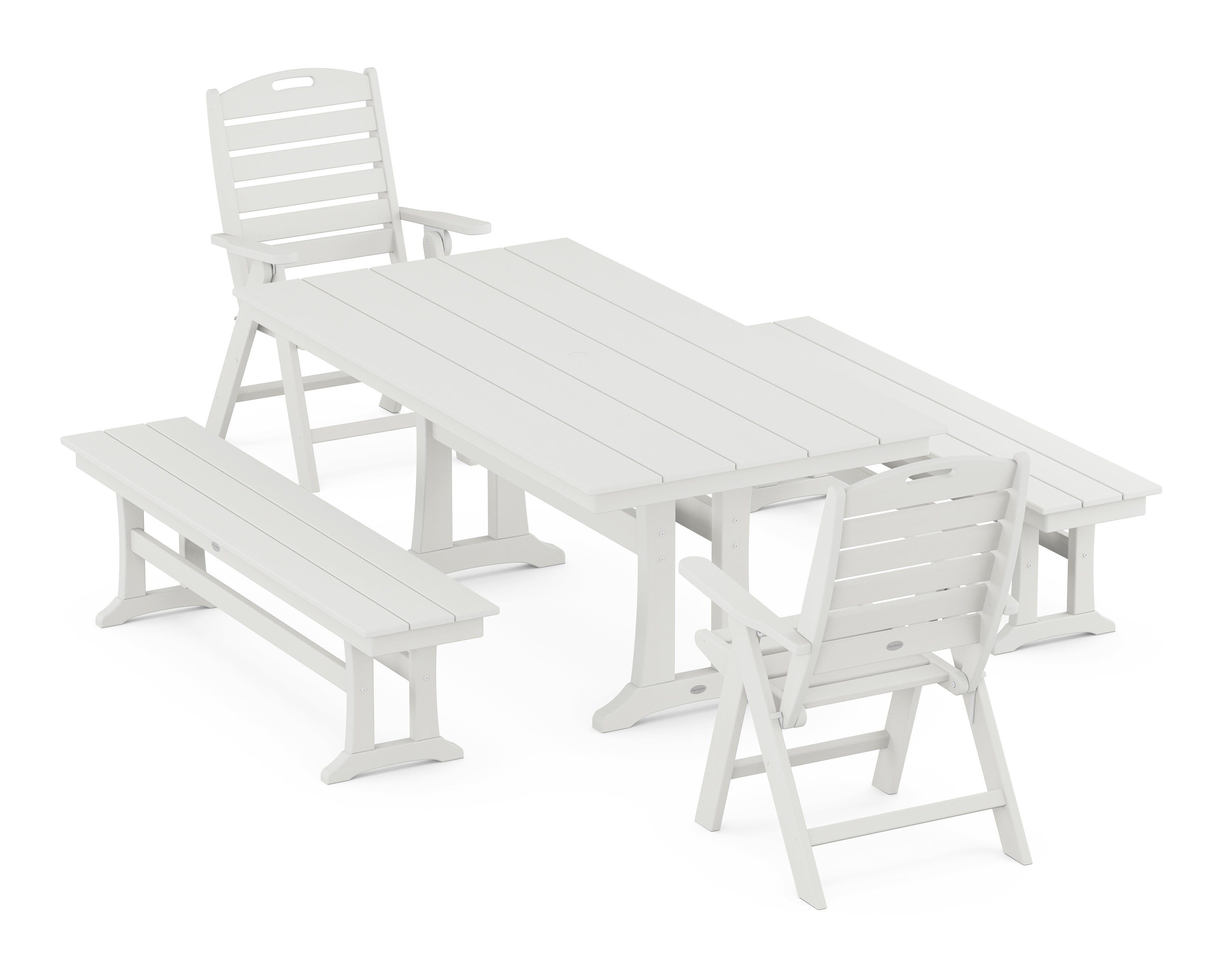 POLYWOOD® Nautical Folding Highback Chair 5-Piece Farmhouse Dining Set With Trestle Legs and Benches in Vintage White