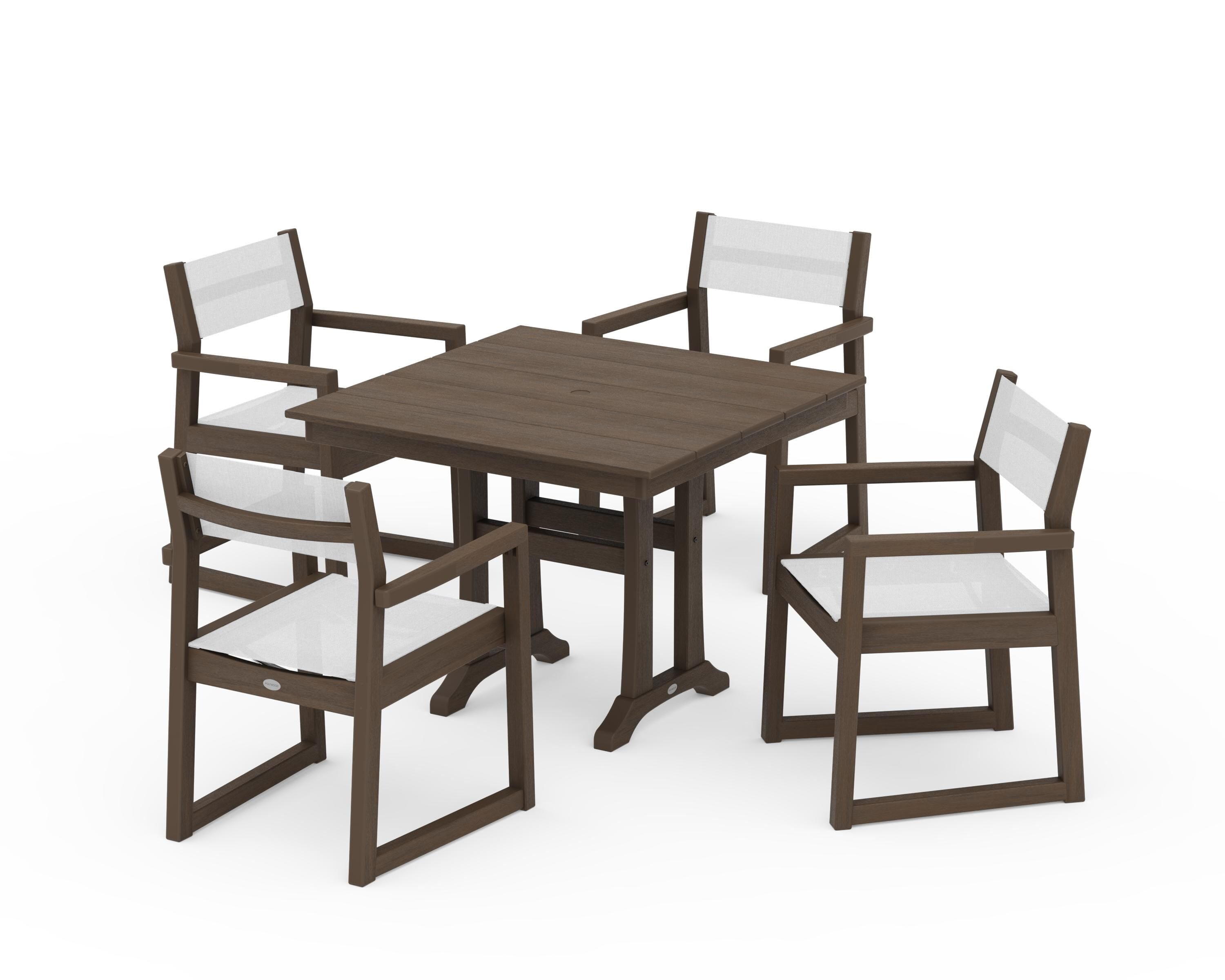POLYWOOD EDGE Sling 5-Piece Farmhouse Dining Set with Trestle Legs in Kona / White Sling