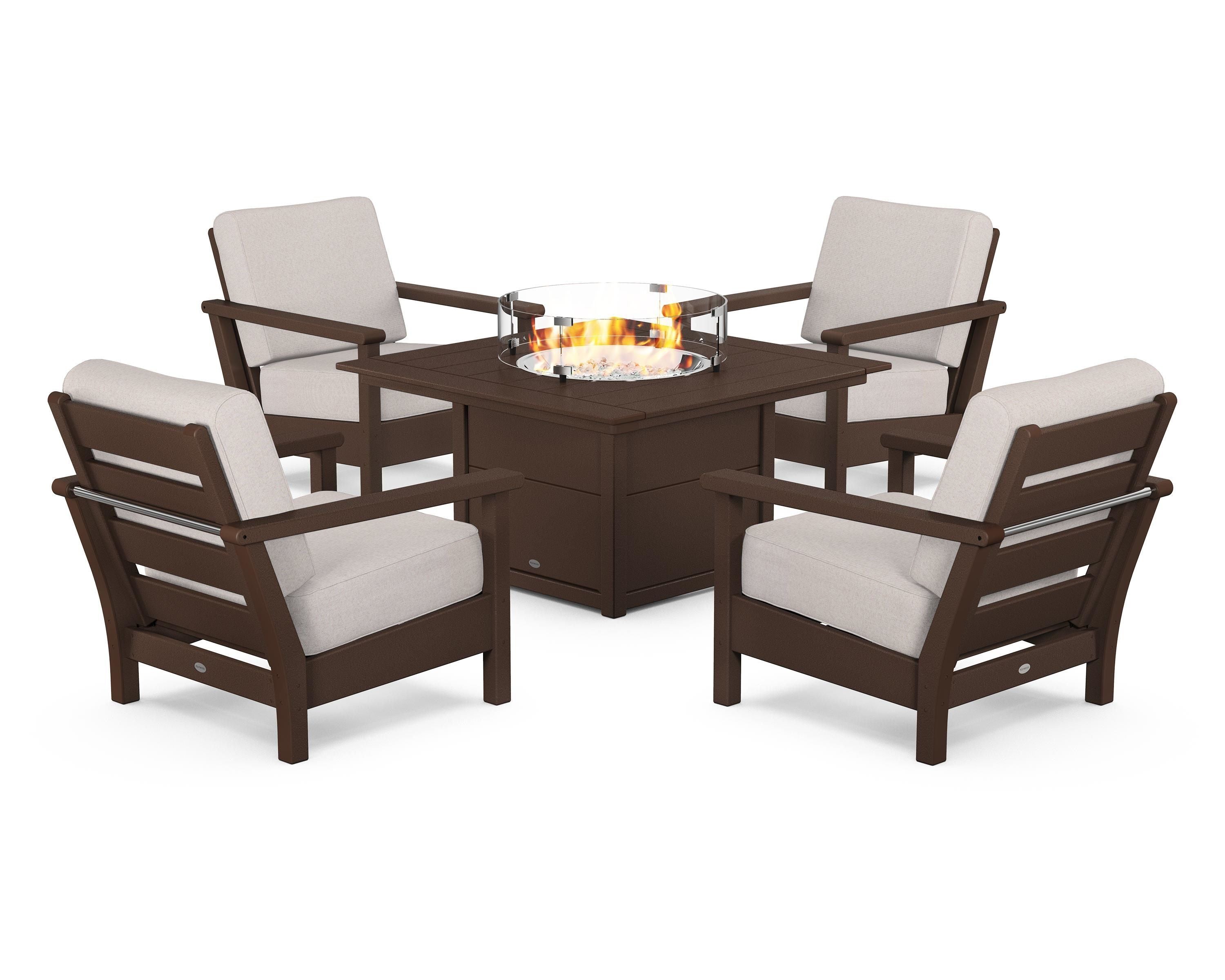 POLYWOOD Harbour 5-Piece Conversation Set with Fire Pit Table in Mahogany / Dune Burlap