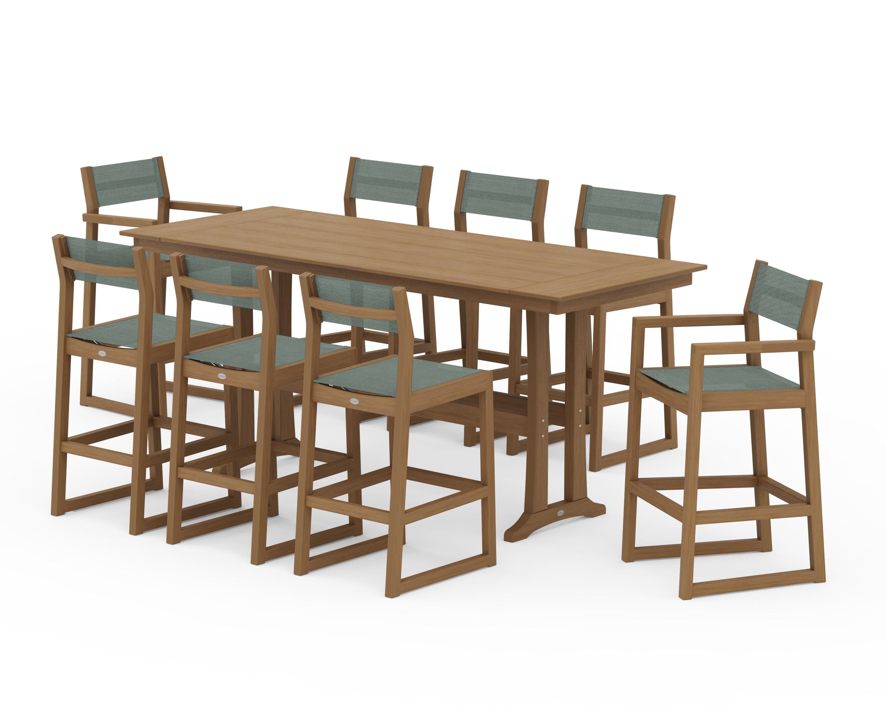 POLYWOOD EDGE Sling 9-Piece Farmhouse Bar Set with Trestle Legs in Natural / Dupioni Sea Mist Sling