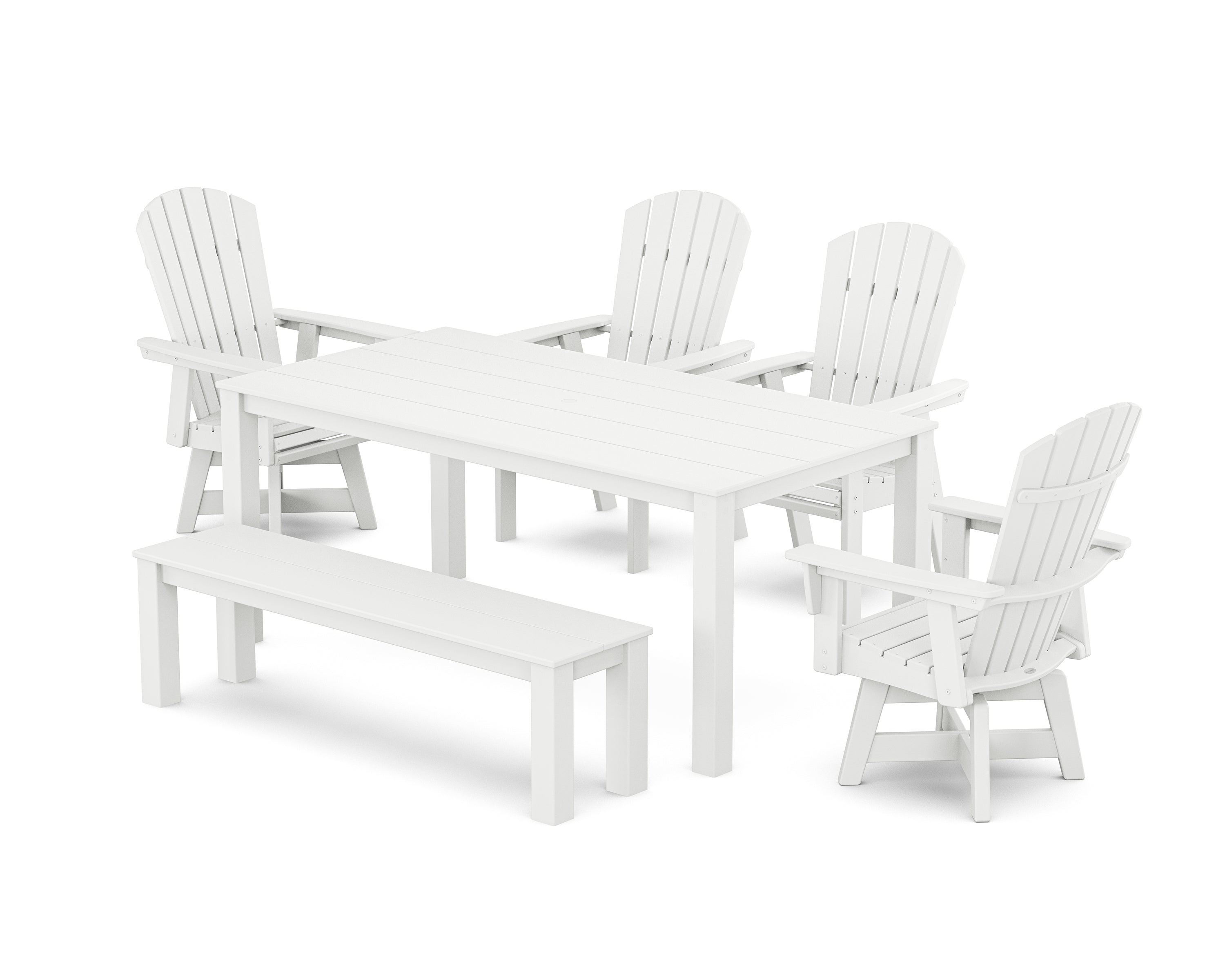 POLYWOOD® Nautical Curveback Adirondack Swivel 6-Piece Parsons Dining Set with Bench in White