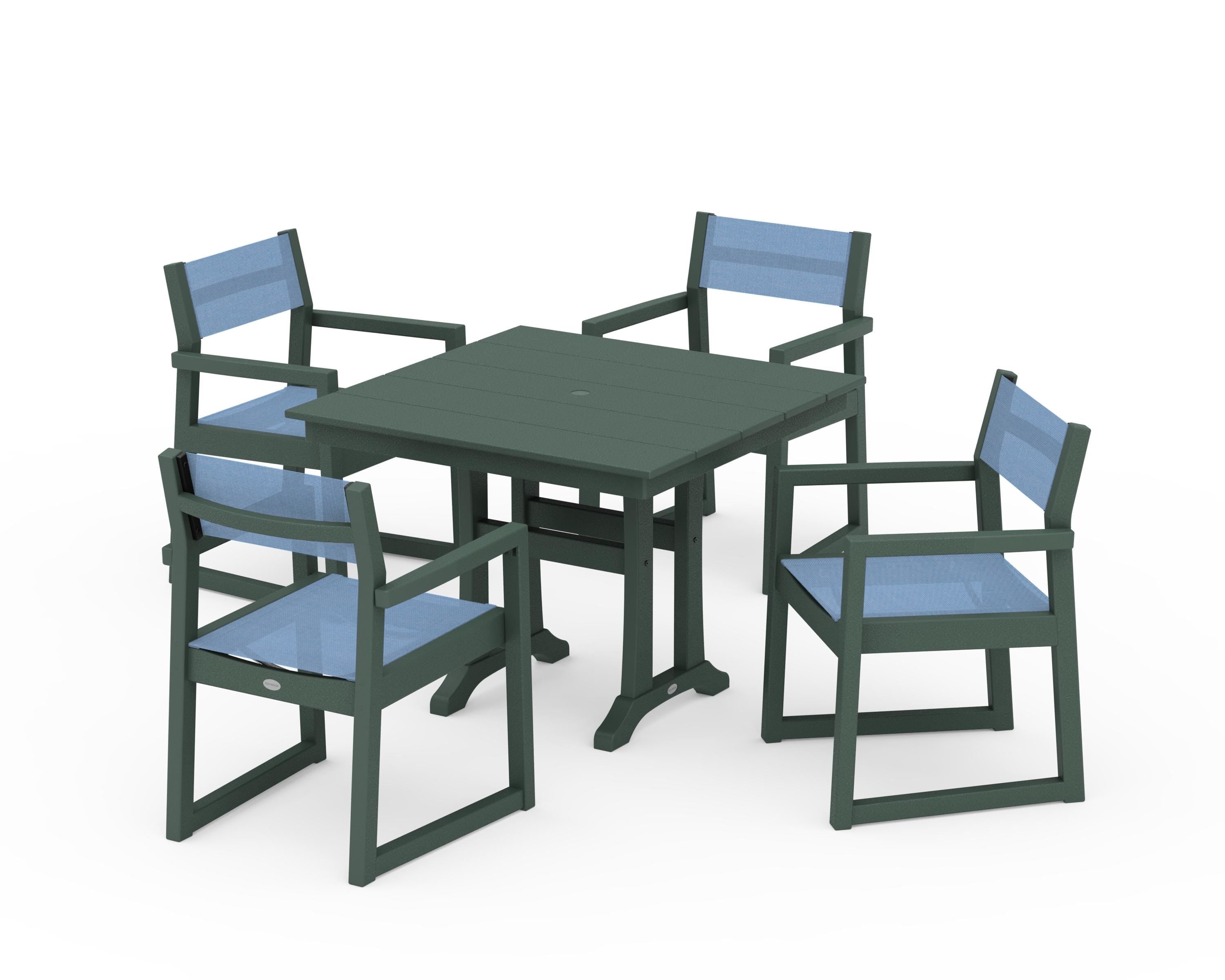 POLYWOOD EDGE Sling 5-Piece Farmhouse Dining Set with Trestle Legs in Green / Poolside Sling