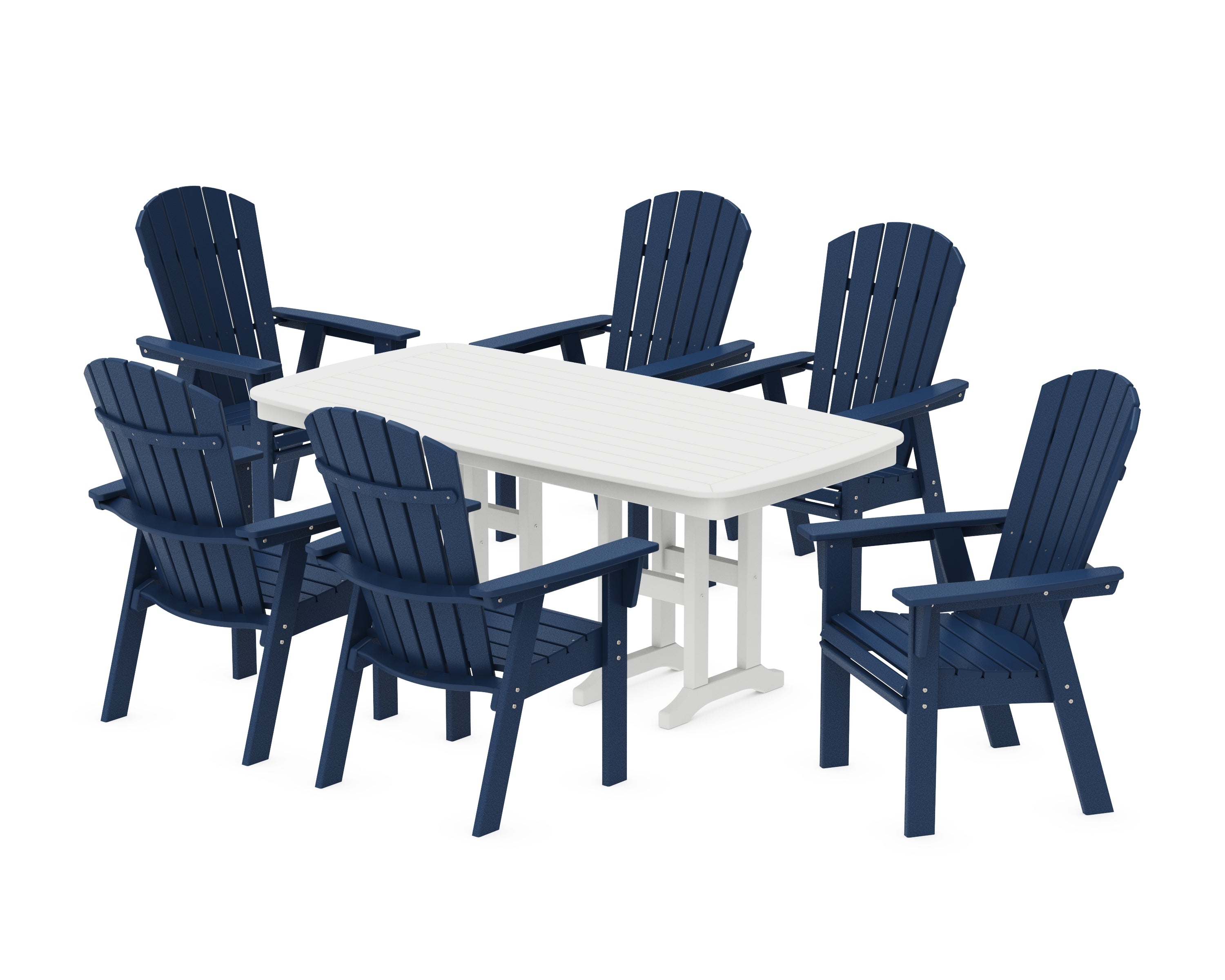POLYWOOD Nautical Curveback Adirondack 7-Piece Dining Set in Navy / White